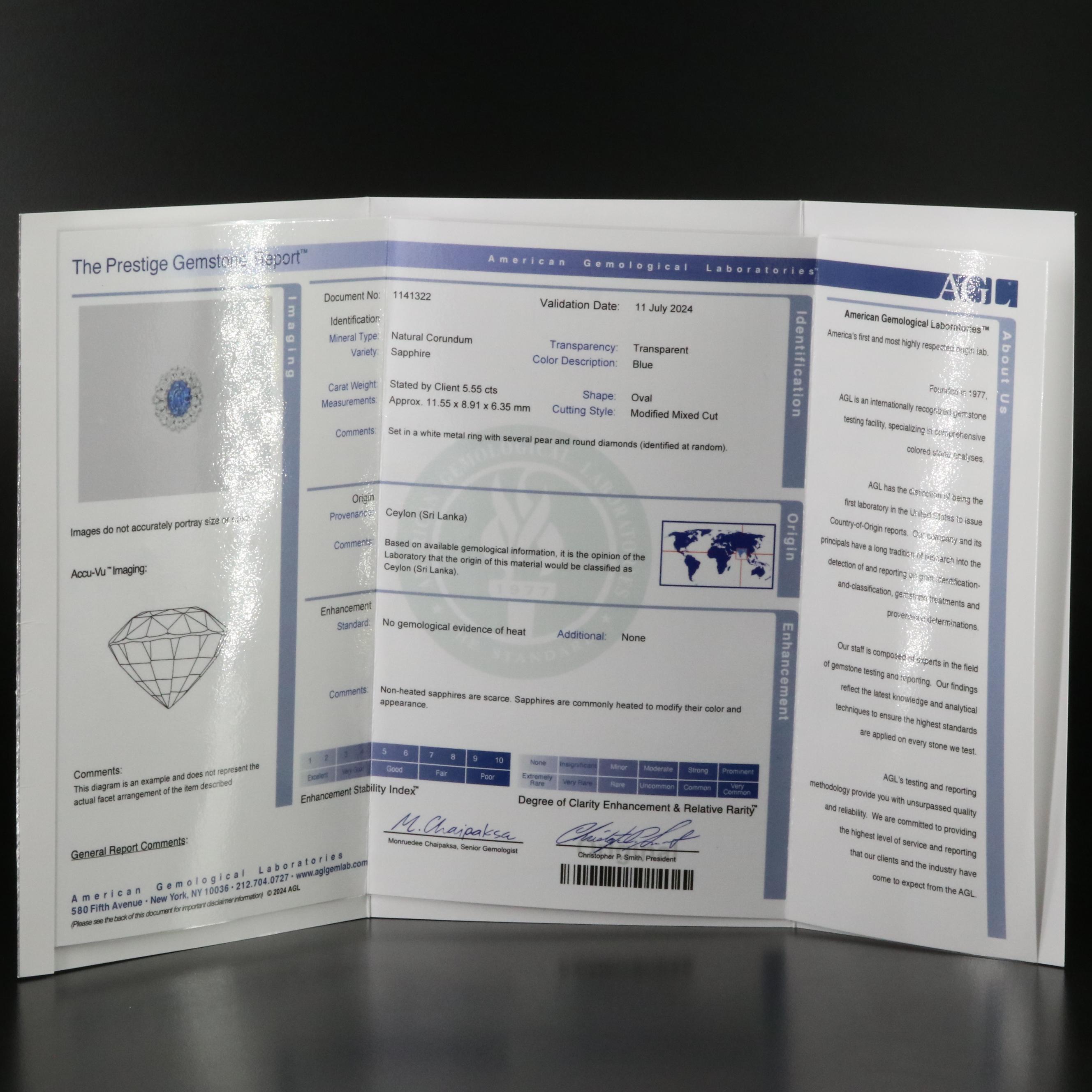 18K 5.55 CT No Heat Ceylon Sapphire and Diamond Ring with AGL Report