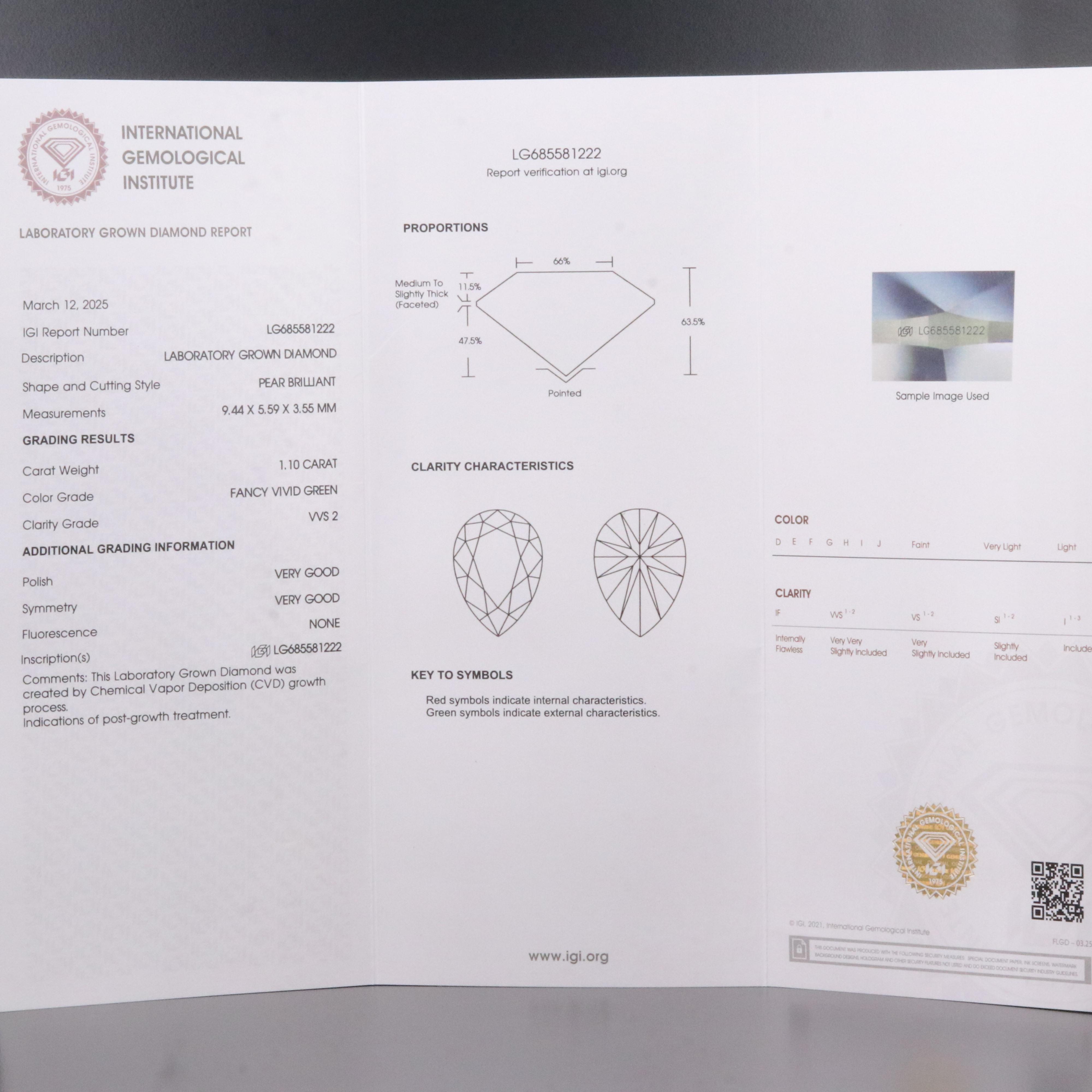 Loose 1.10 CT Lab Grown Fancy Green Diamond with IGI Report