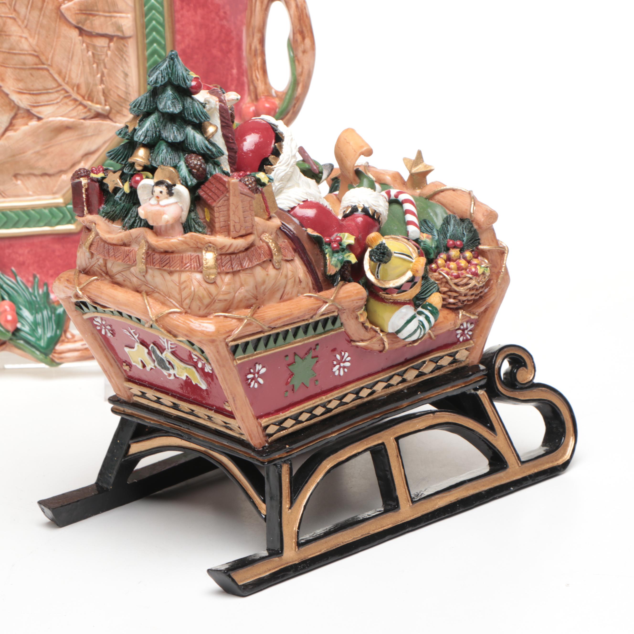 Fitz &  Floyd "Christmas Lodge" Resin Music Box with Ceramic Box and Plate