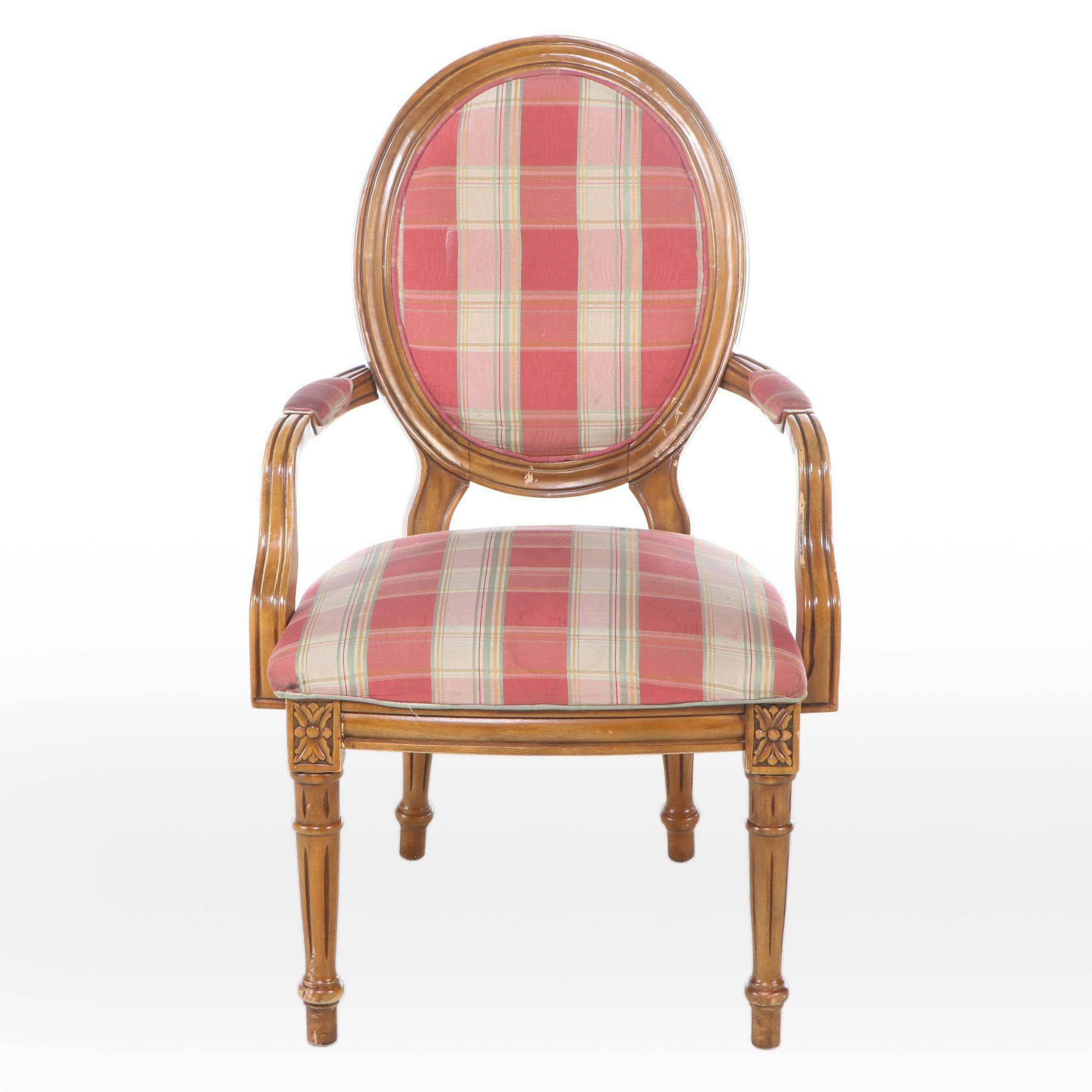 Louis XV Style Plaid Fabric Upholstered Fauteuil