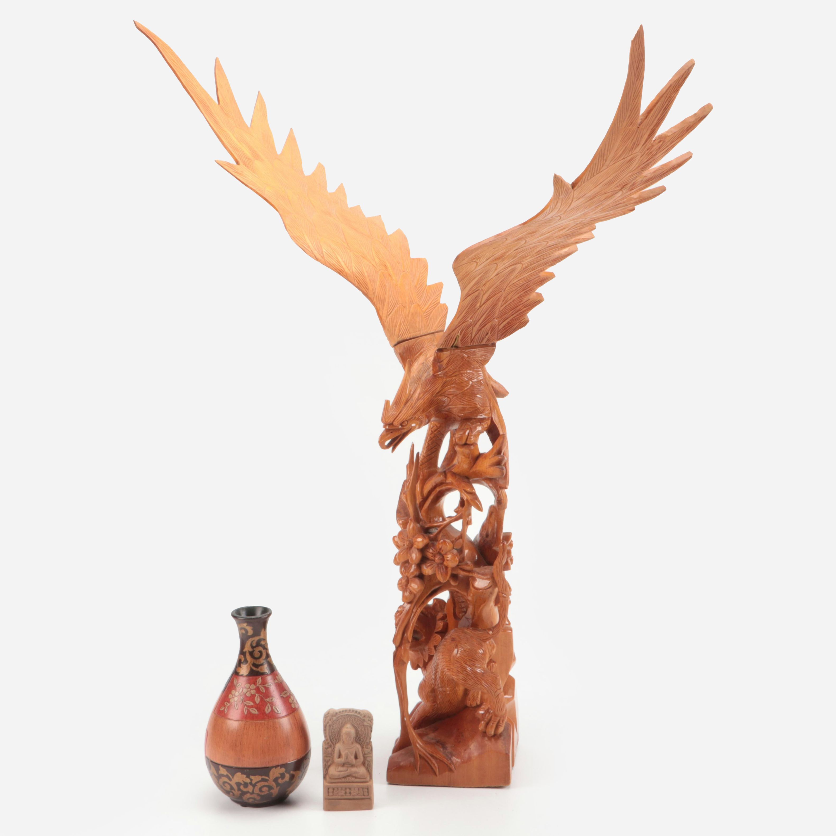 Heritage Mint Ceramic Vase with Wood Sculpture and Buddha Clay Figure