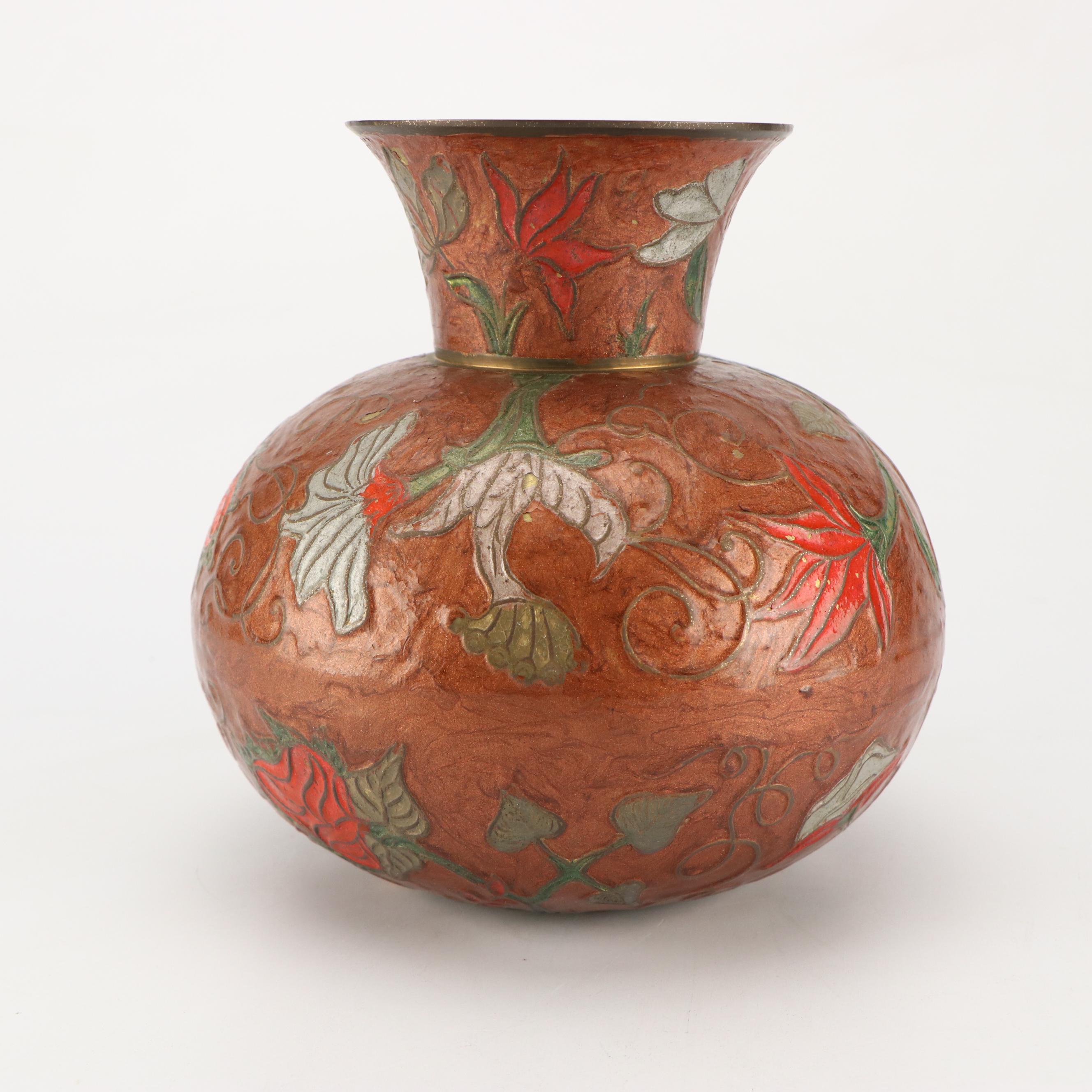 Indian Style Floral Brass and Enamel Cloisonné Vase