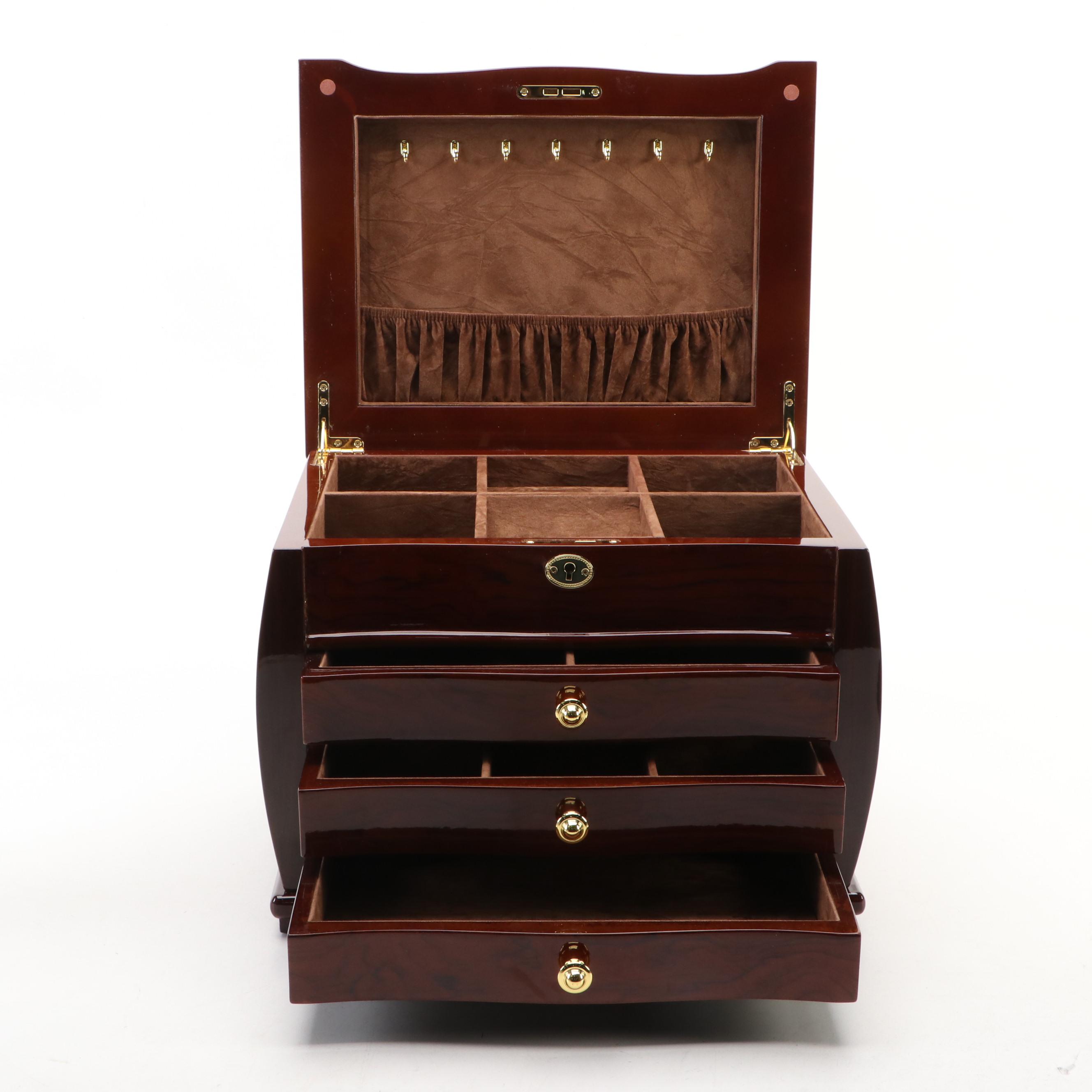 Jere High Gloss Bubinga Veneer Locking Jewelry Chest