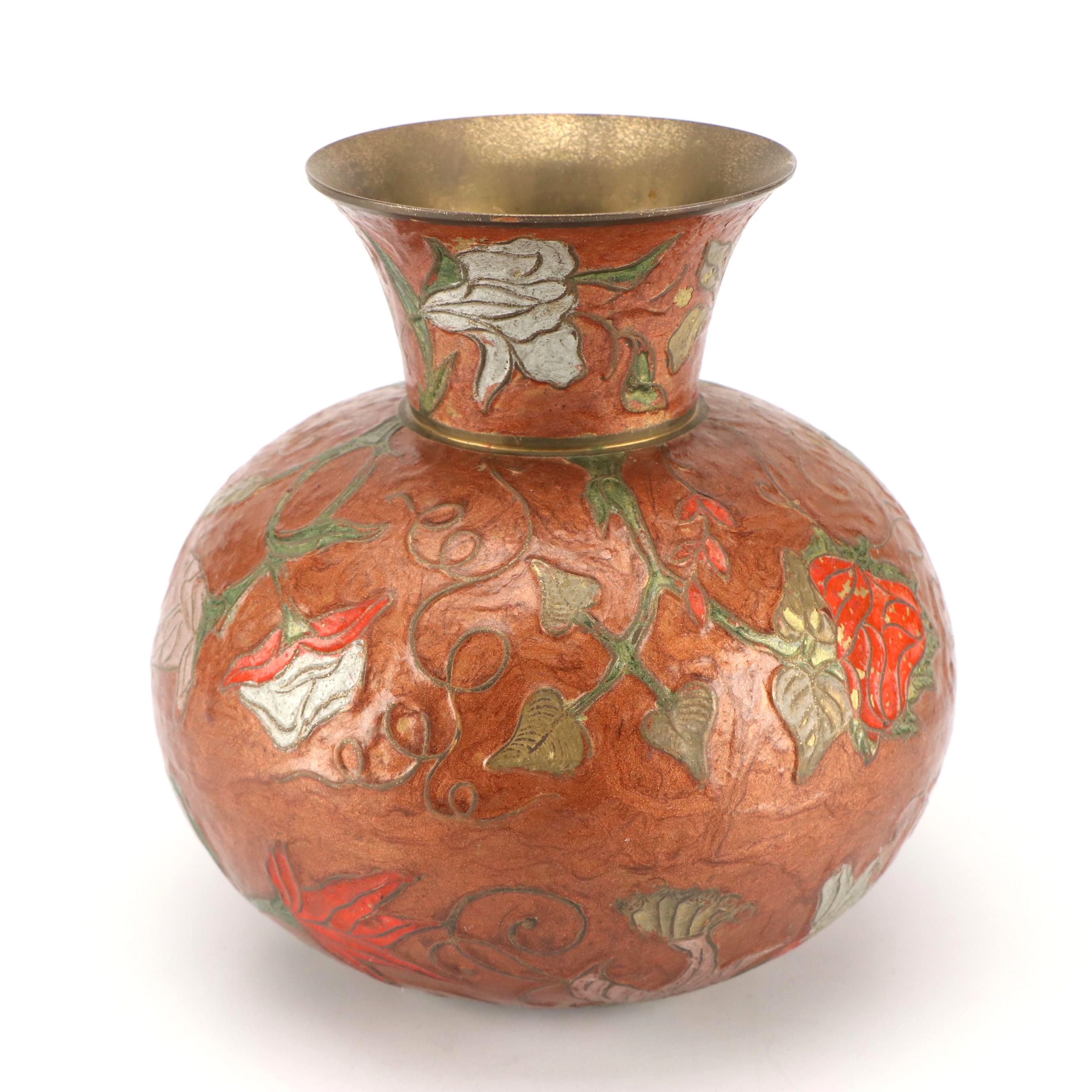 Indian Style Floral Brass and Enamel Cloisonné Vase