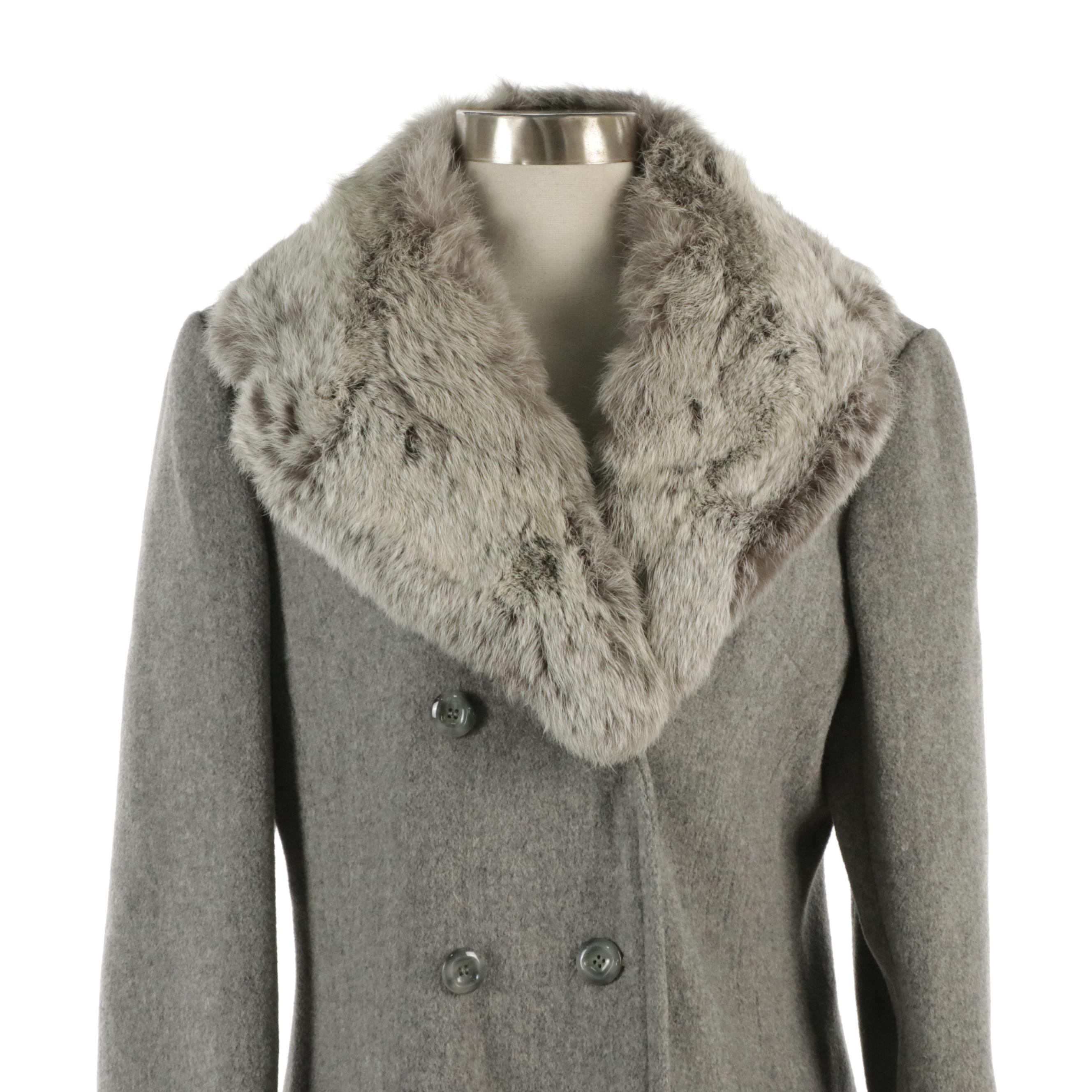 Prime Source Double-Breasted Wool Blend Coat with Rabbit Fur Collar