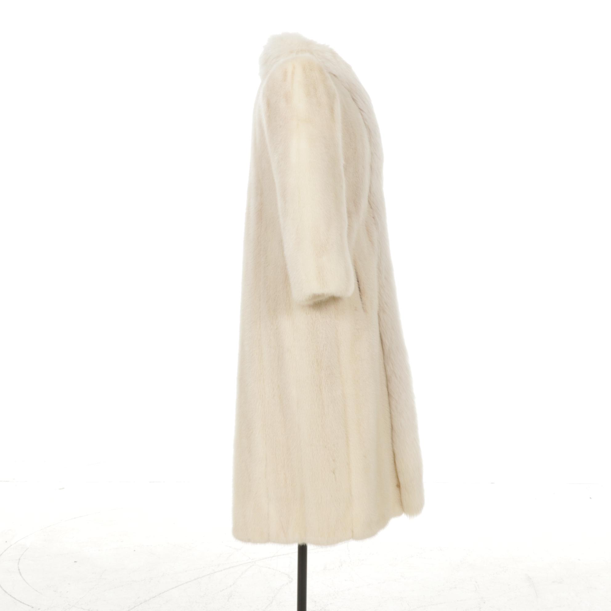 Pearl Mink Long Coat with White Fox Fur Trim Collar