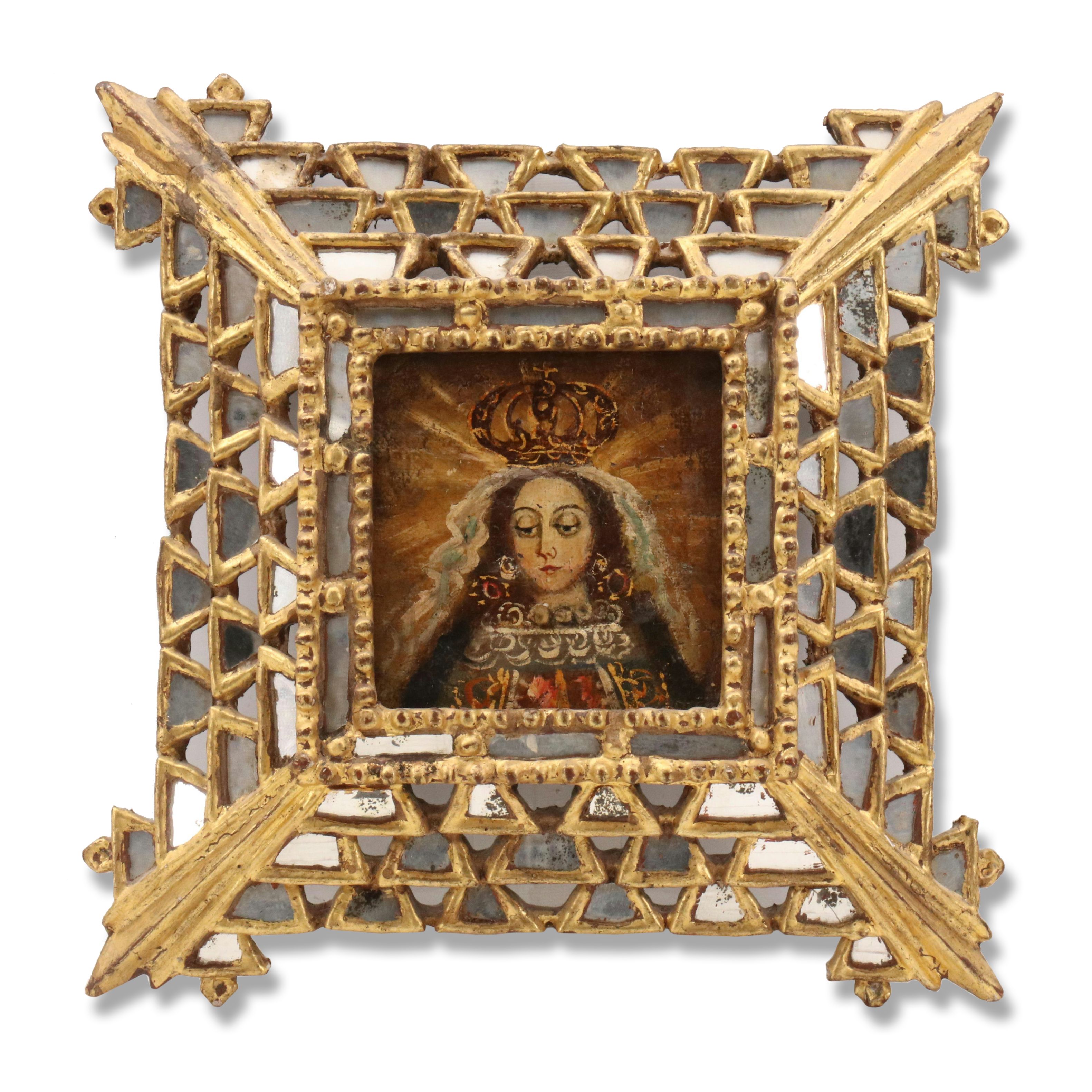 Cusco School Oil on Panel Painting of Virgin Mary in Gilt Frame, Early 19th C.