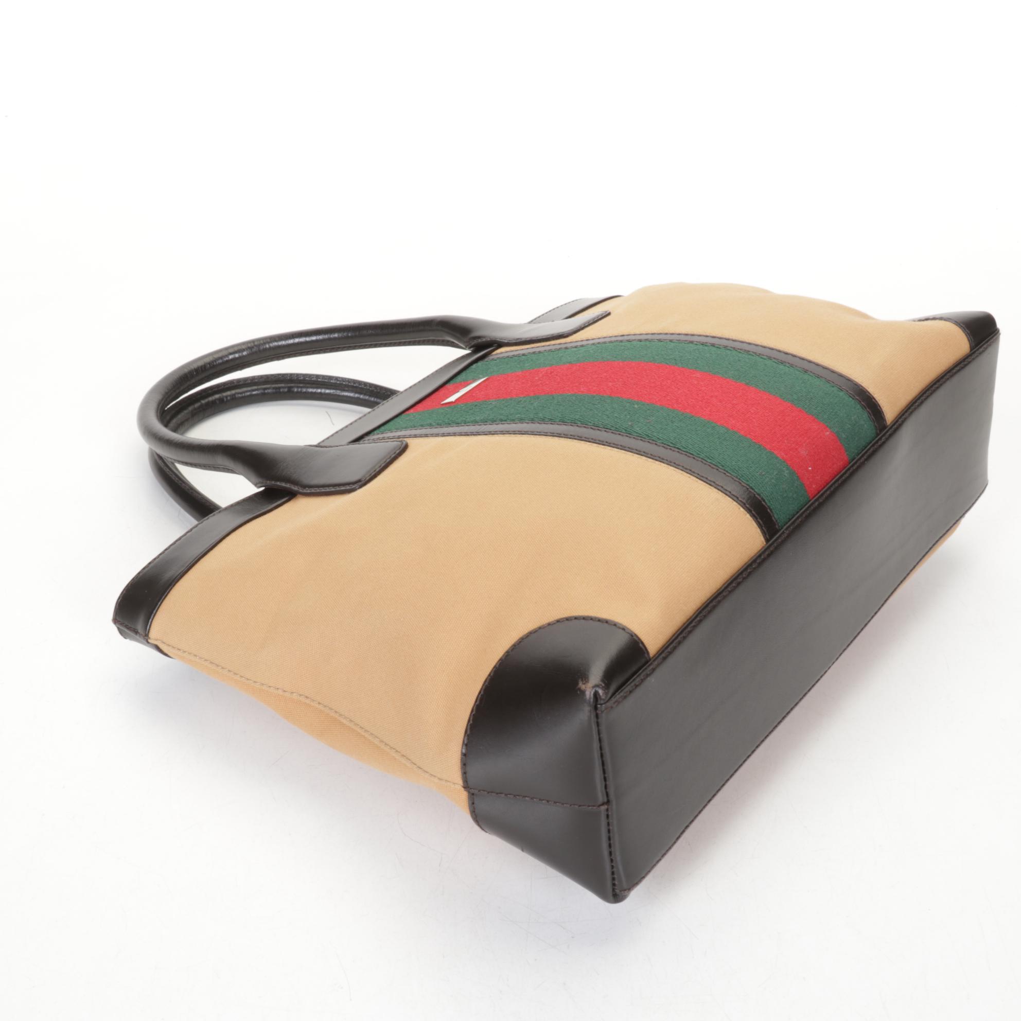 Gucci Web Stripe Canvas and Leather Tote Bag