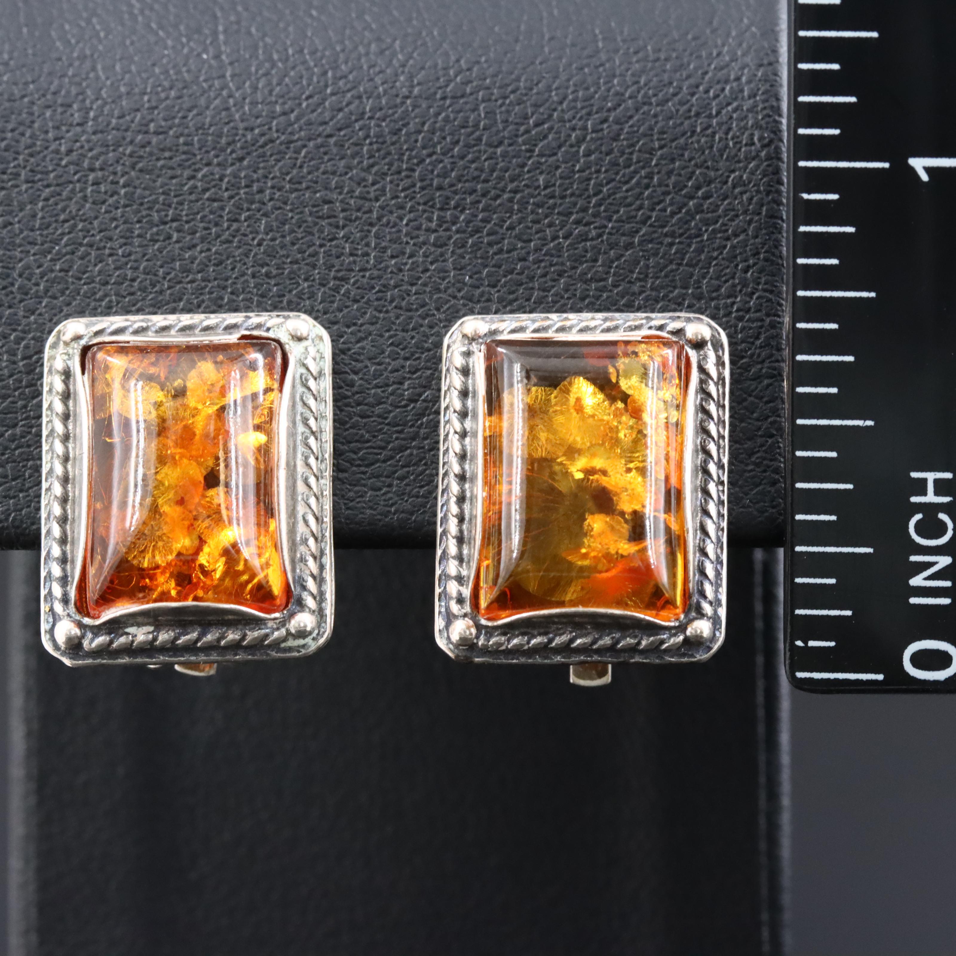 Sterling Amber Clip Earrings