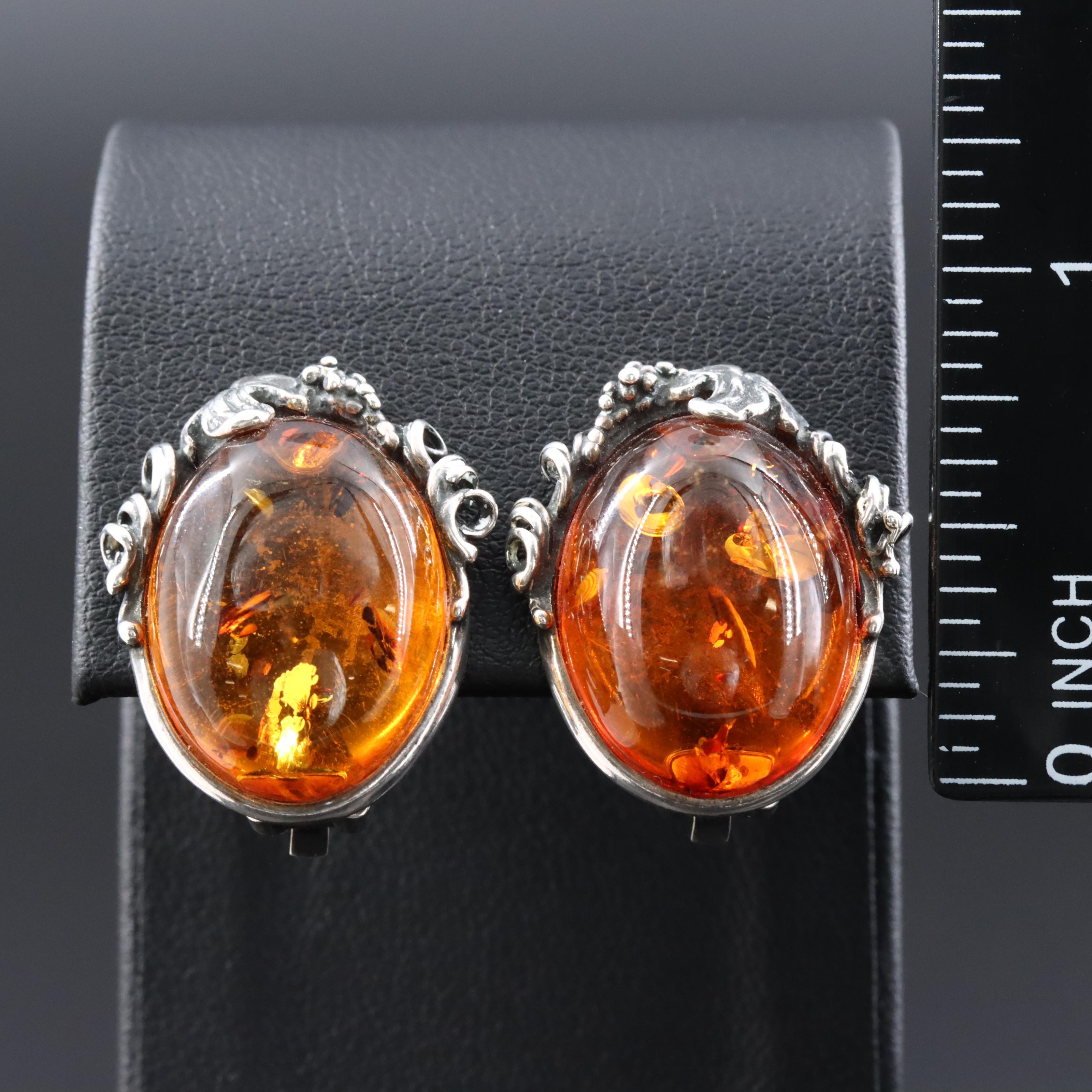 Sterling Amber Clip Earrings