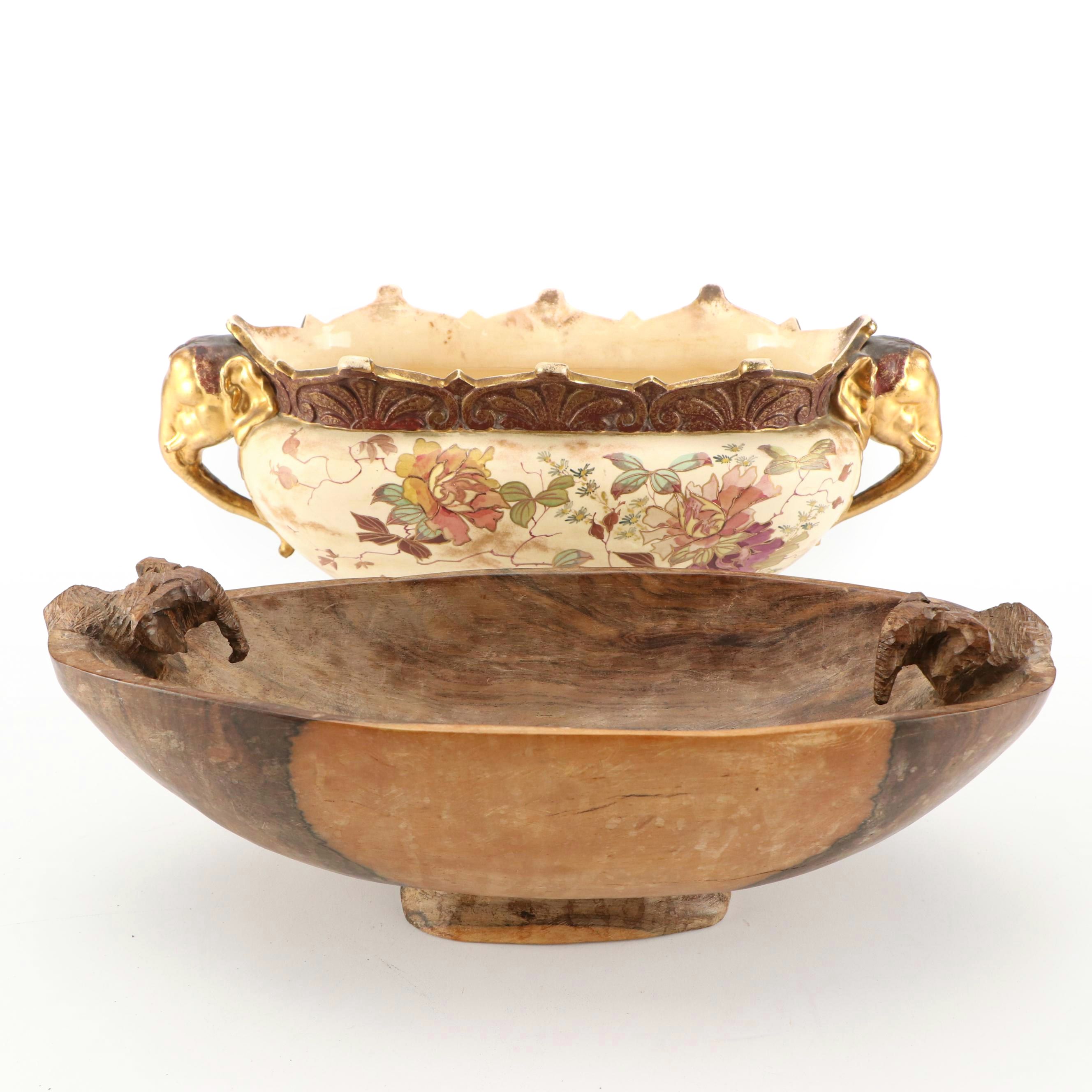 Hand-Painted Moore & Co. Foleyian Gilt Elephant Planter with Carved Wooden Bowl