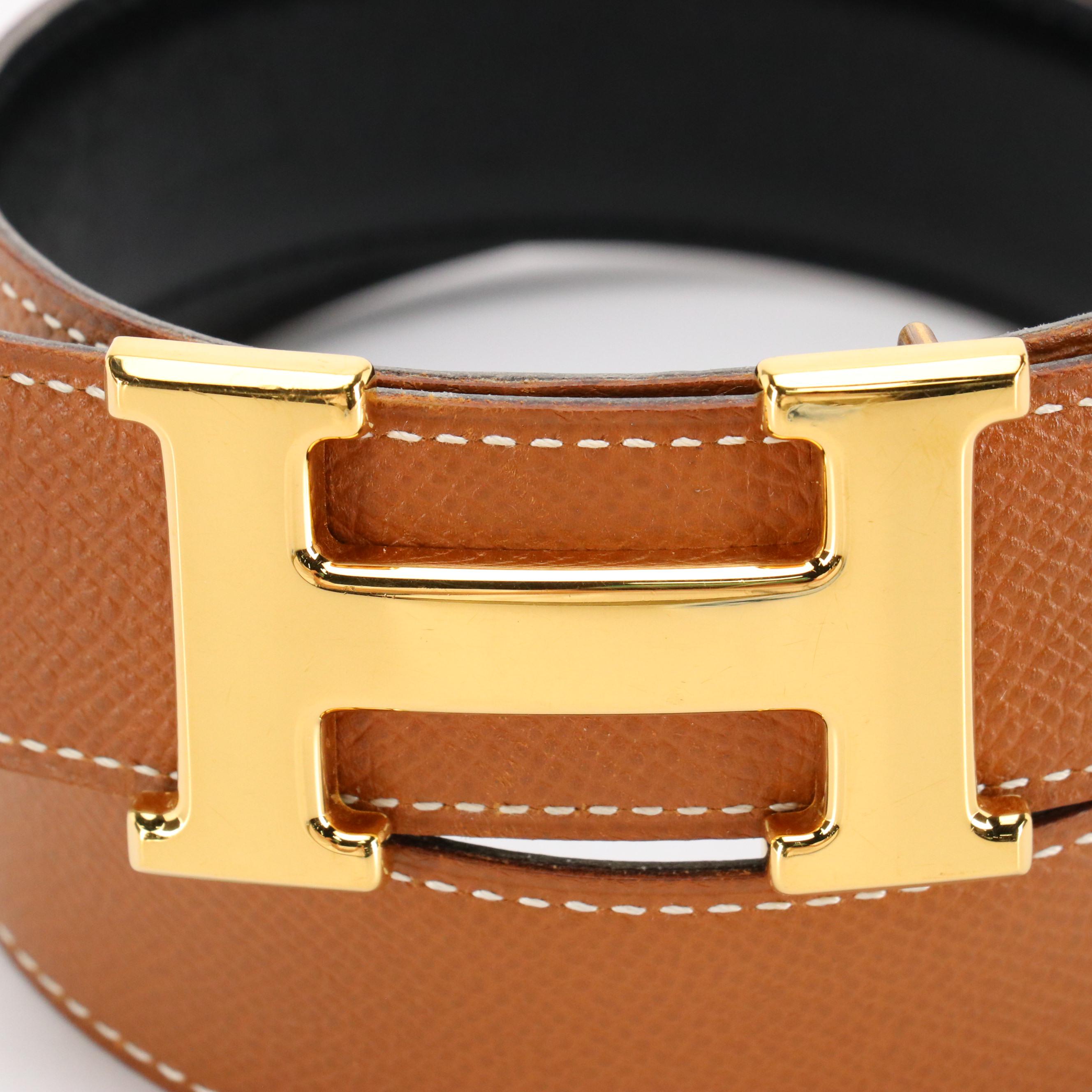 Hermès H Constance Reversible Black/Brown Leather Belt in Box