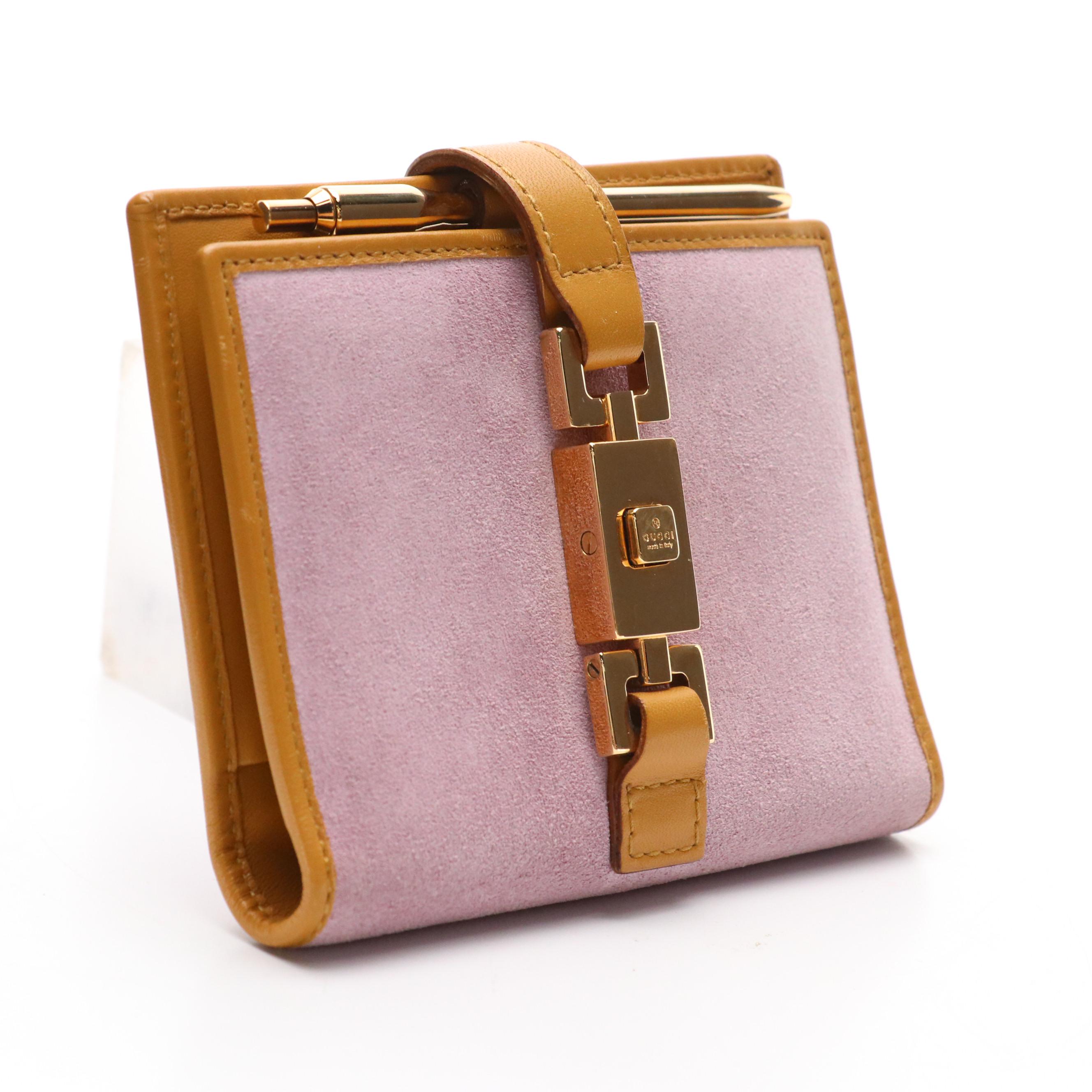 Gucci Piston Lock Mini Notebook Cover in Lilac Suede and Brown Leather Trim