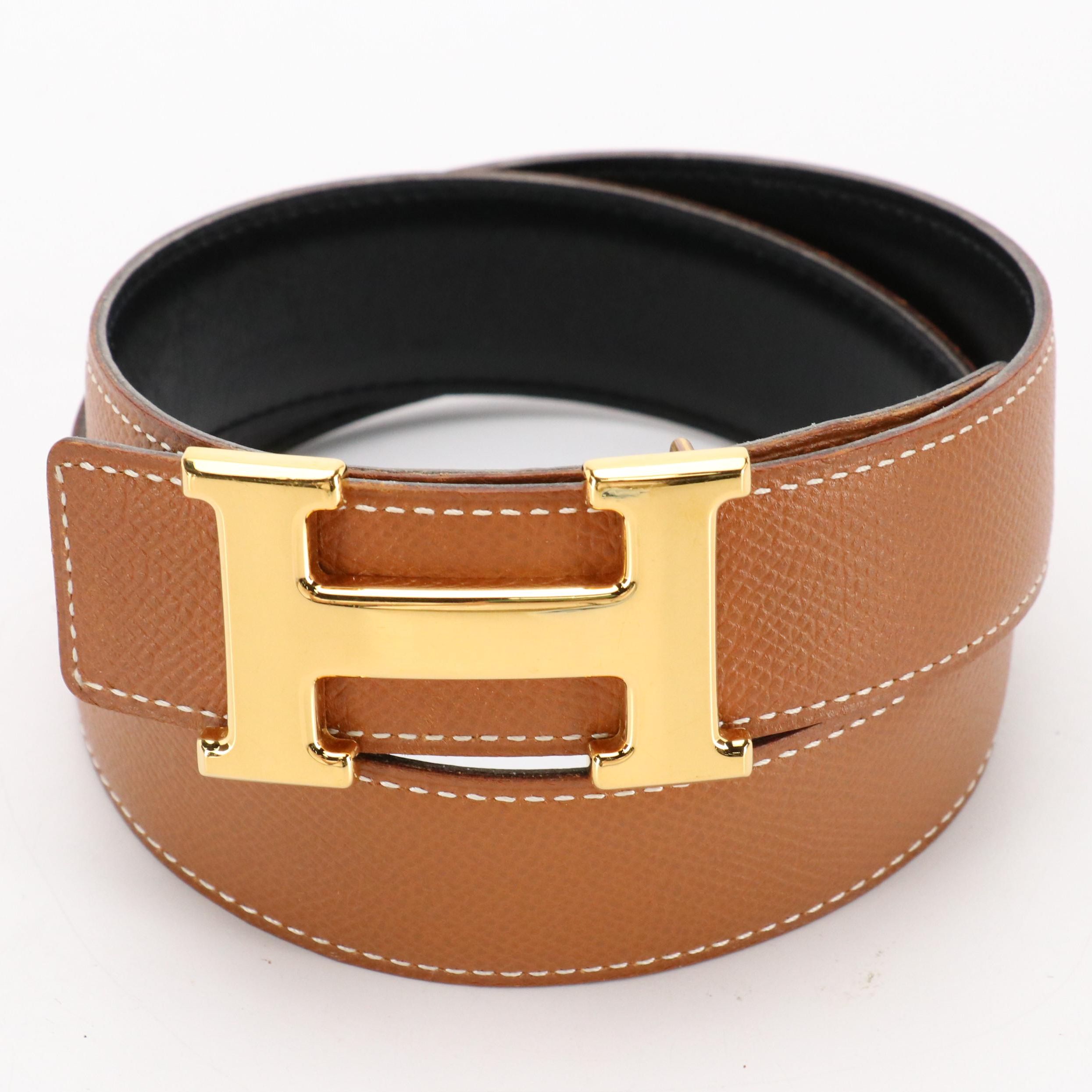 Hermès H Constance Reversible Black/Brown Leather Belt in Box