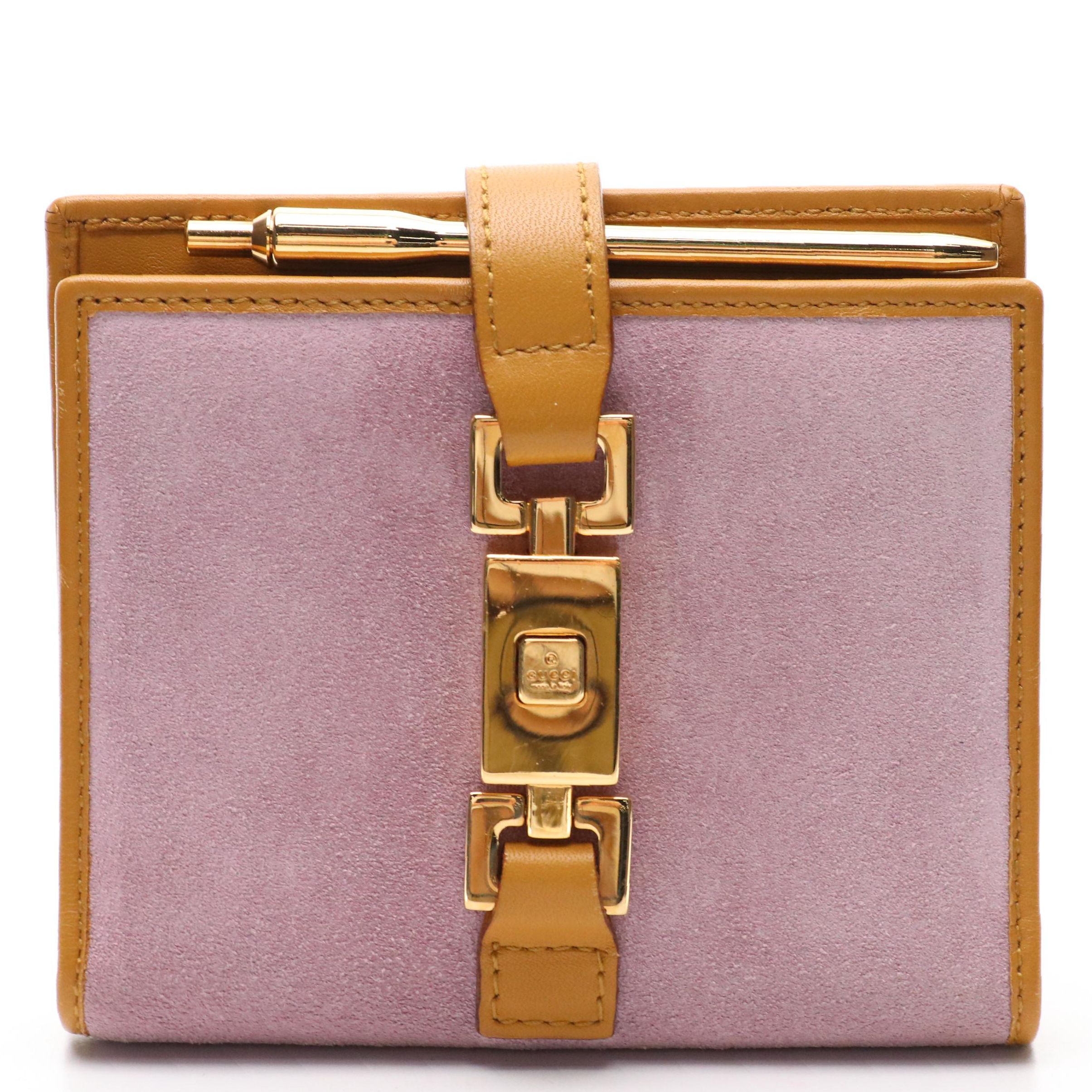 Gucci Piston Lock Mini Notebook Cover in Lilac Suede and Brown Leather Trim