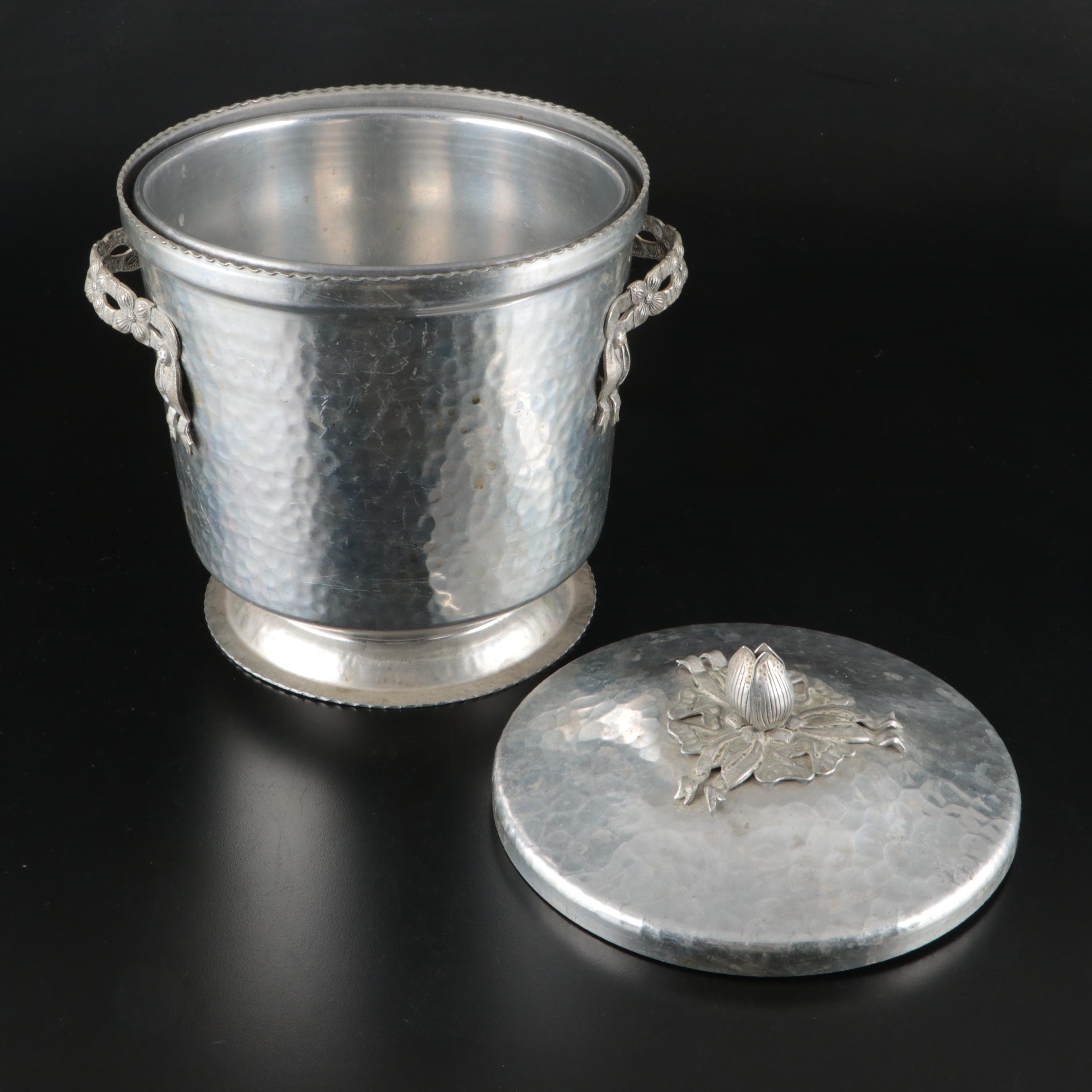 Art Deco Style Hammered Metal Ice Bucket with Lid, Mid-20th Century