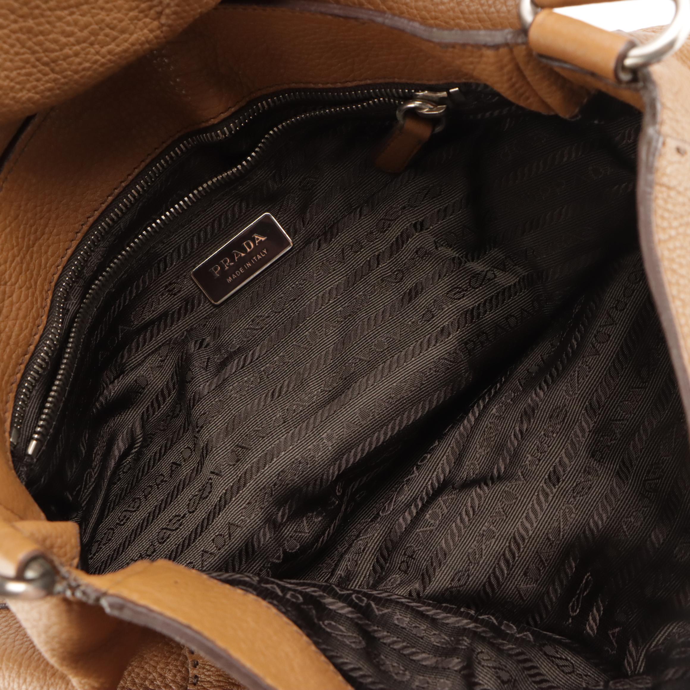 Prada Hook-Front Hobo Shoulder Bag in Caramel Brown Grained Leather