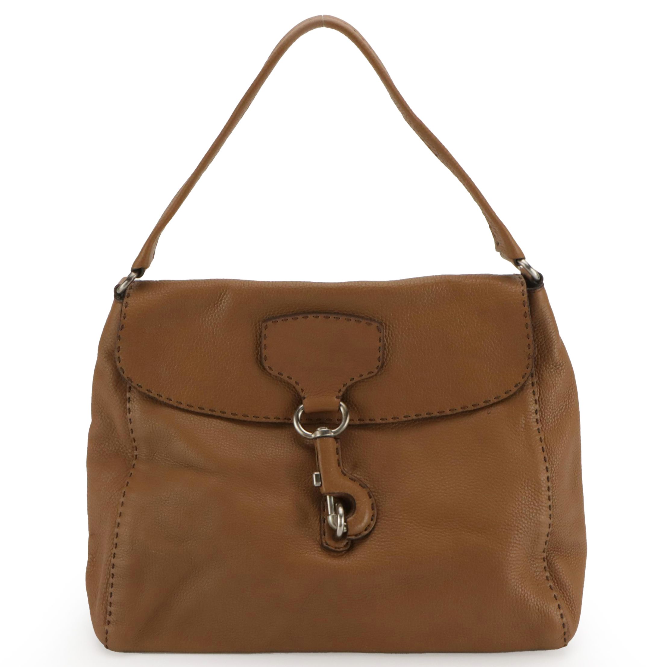 Prada Hook-Front Hobo Shoulder Bag in Caramel Brown Grained Leather
