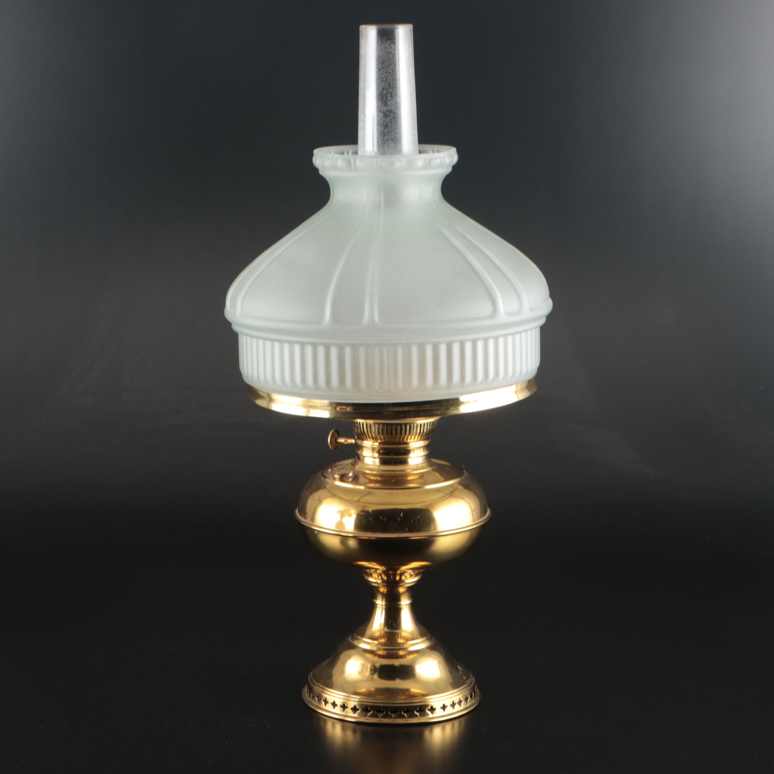 Rayo Brass and Satin Glass Parlor Oil Lamp, and Milk Glass Pressed Body Lamp