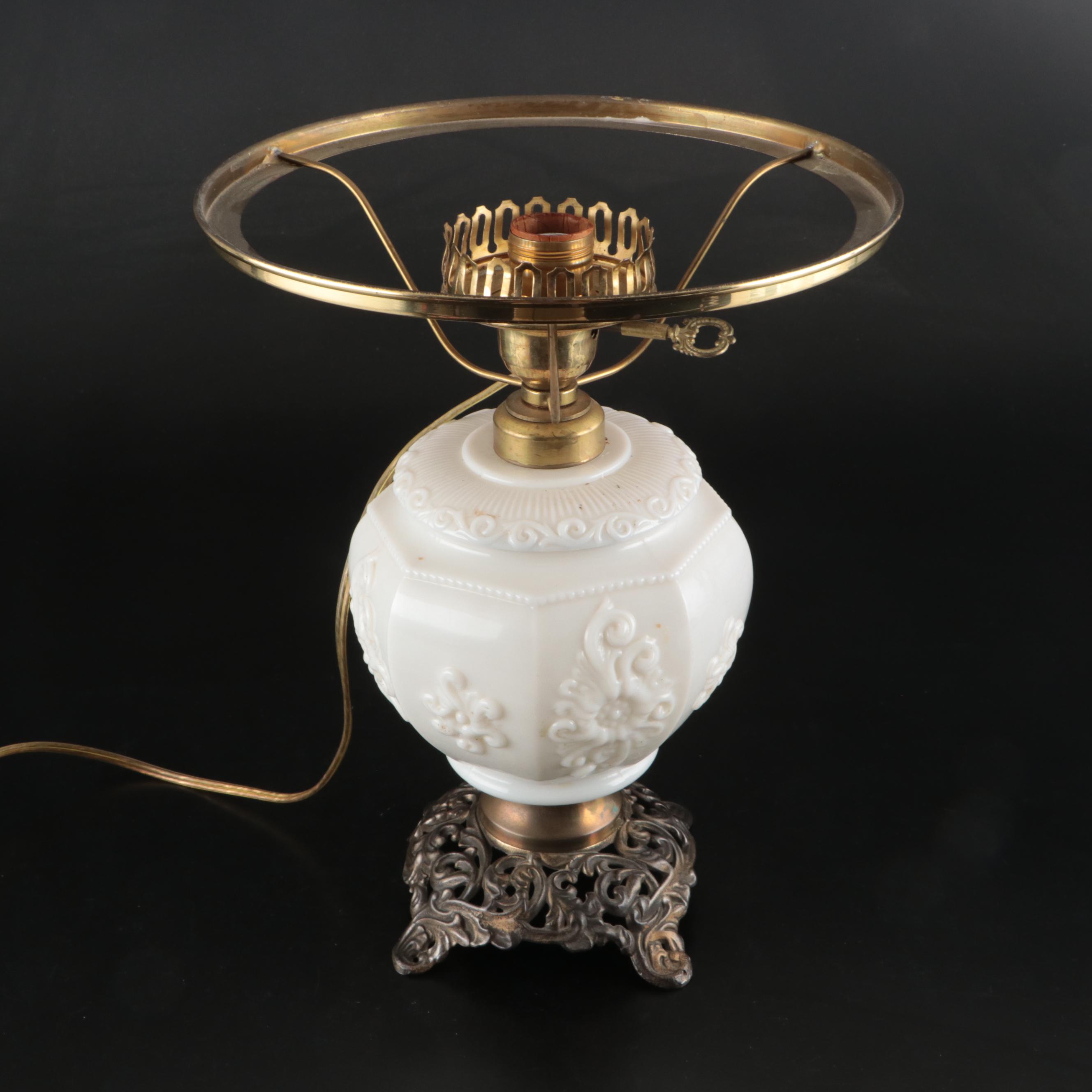 Rayo Brass and Satin Glass Parlor Oil Lamp, and Milk Glass Pressed Body Lamp