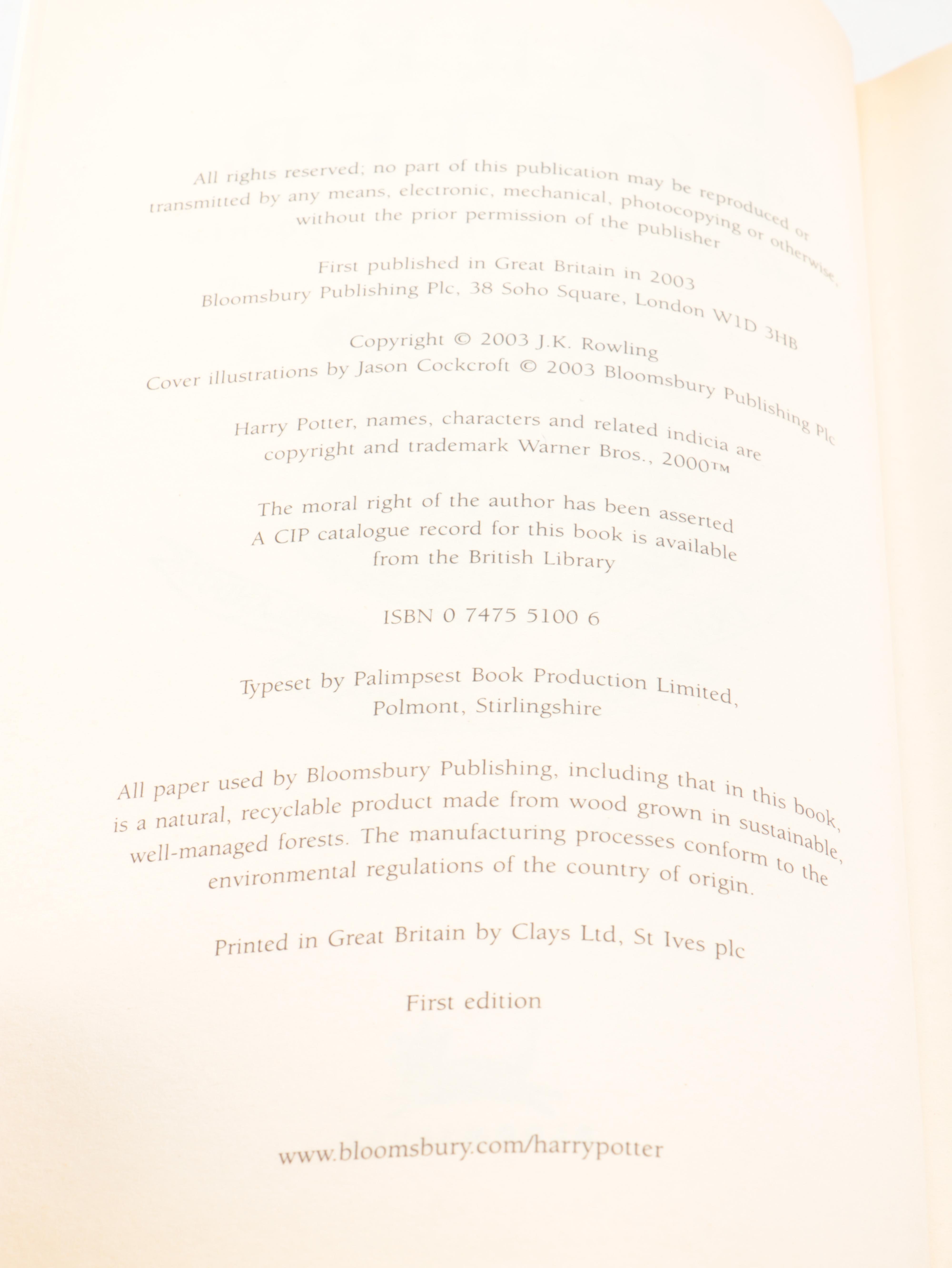 First UK Edition "Harry Potter and the Order of the Phoenix" by J. K. Rowling