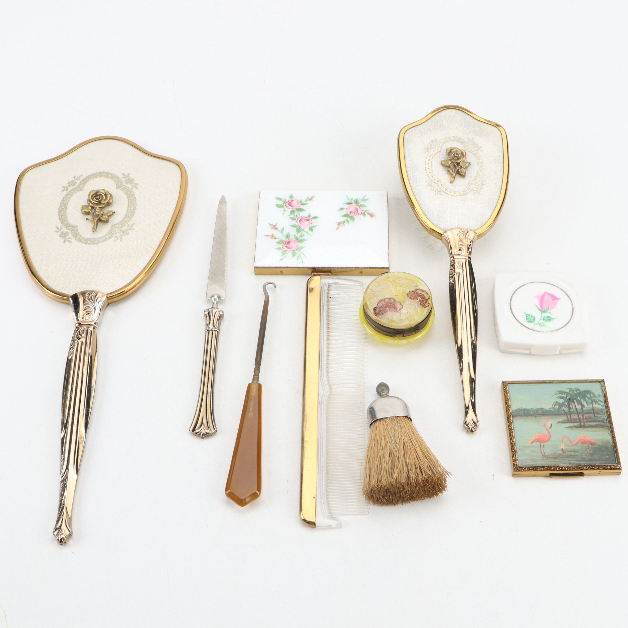 Vanity Tools Including Hand Mirror, Brushes, Hand-Painted Compact and More