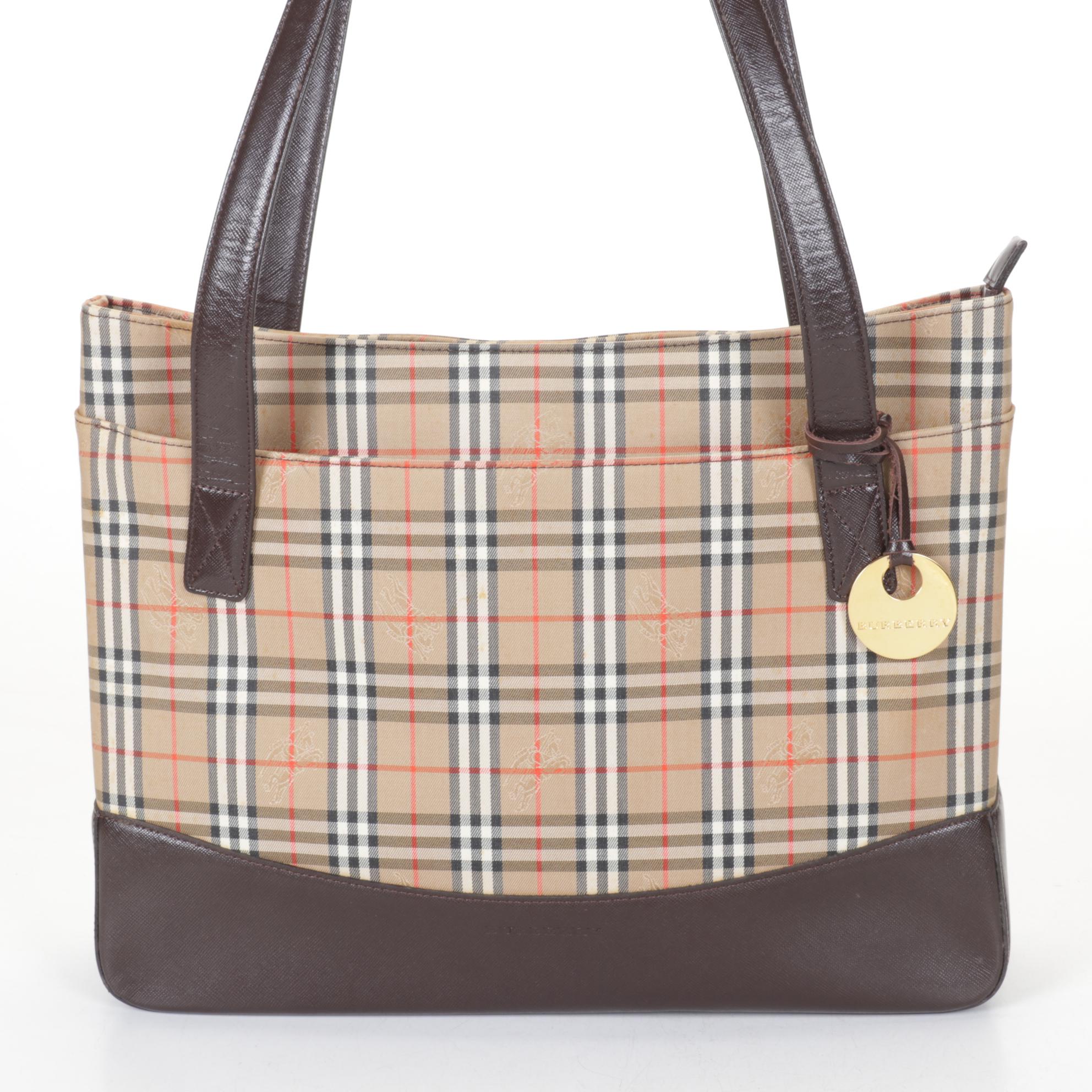 Burberry Haymarket Check Canvas Zip Tote with Brown Saffiano Leather Trim