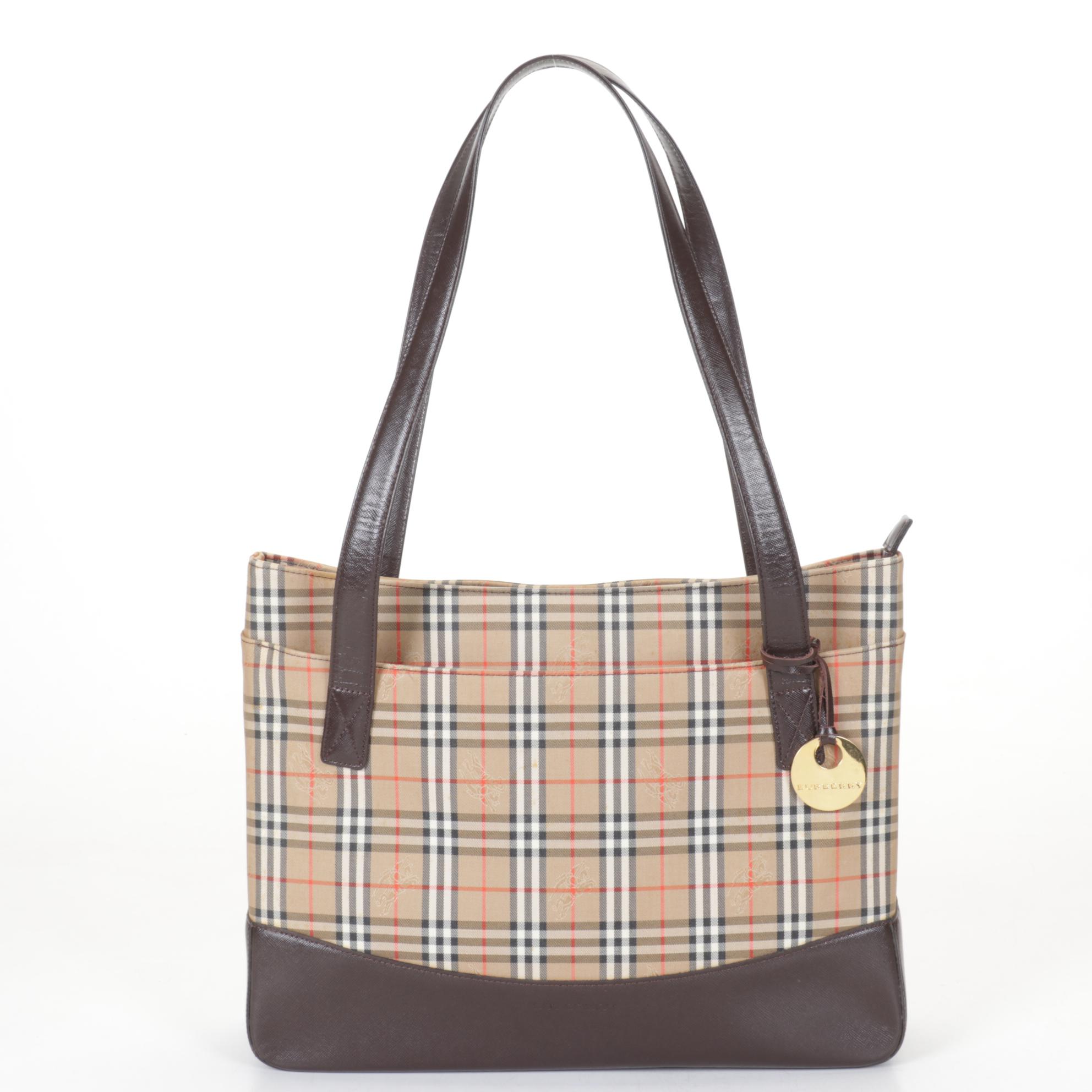Burberry Haymarket Check Canvas Zip Tote with Brown Saffiano Leather Trim