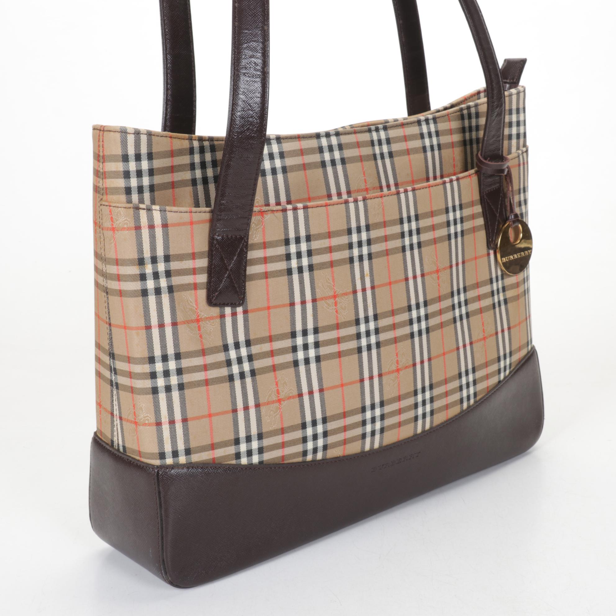 Burberry Haymarket Check Canvas Zip Tote with Brown Saffiano Leather Trim