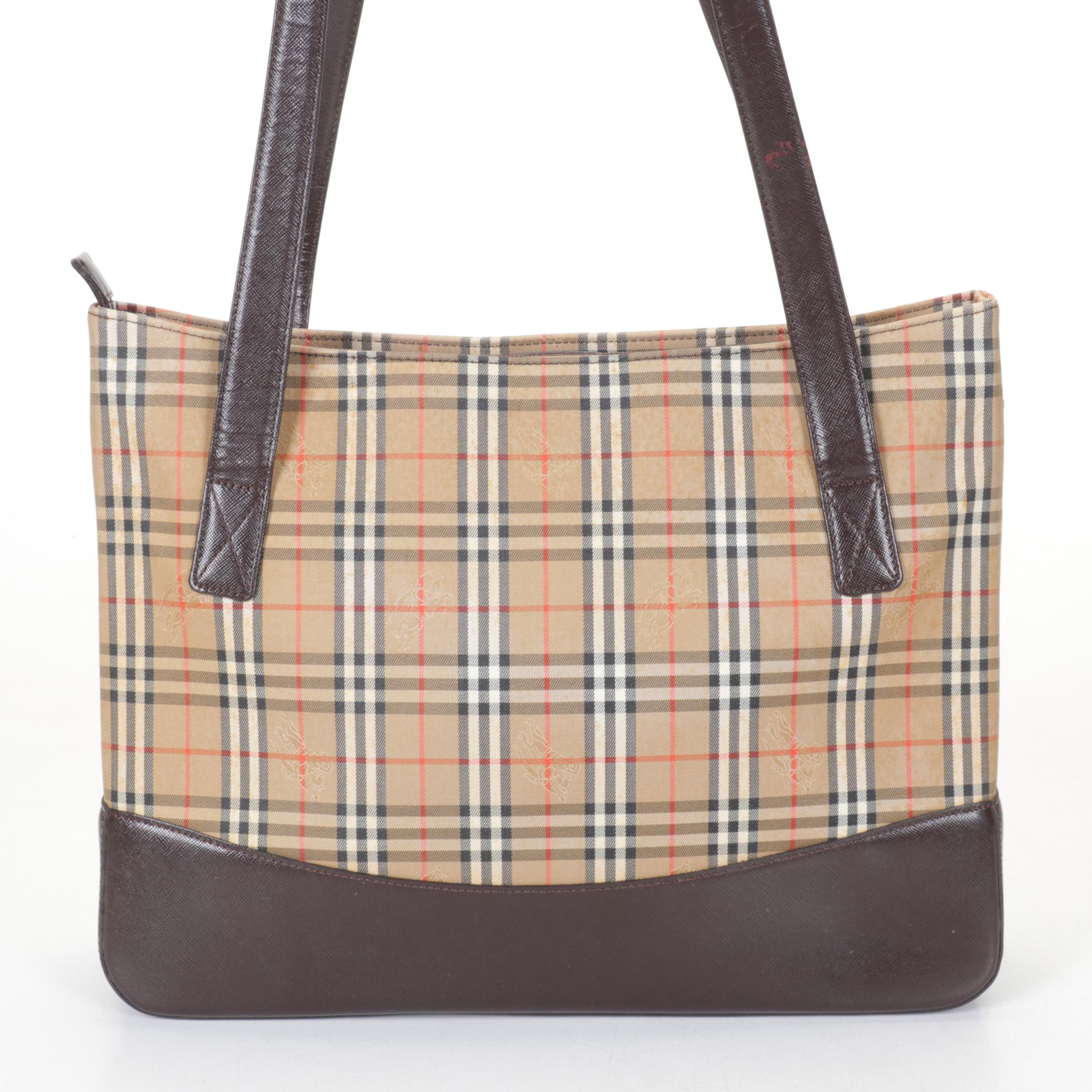 Burberry Haymarket Check Canvas Zip Tote with Brown Saffiano Leather Trim
