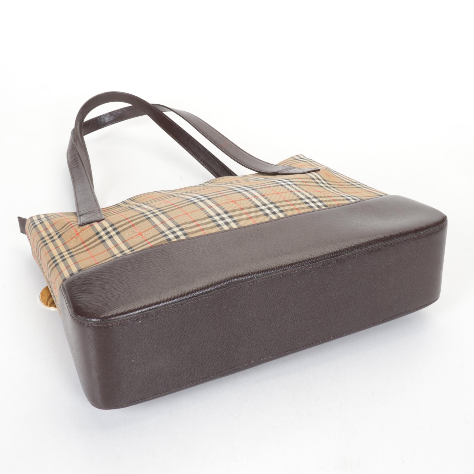Burberry Haymarket Check Canvas Zip Tote with Brown Saffiano Leather Trim