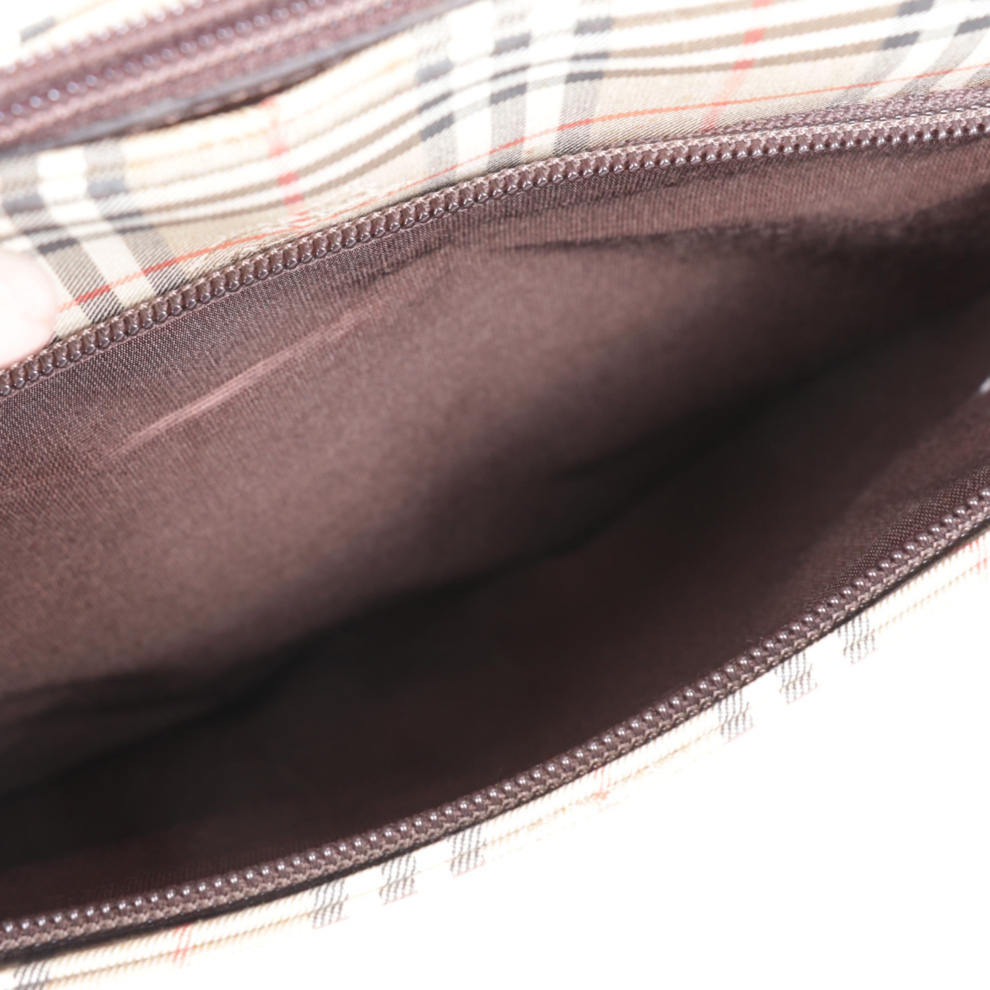 Burberry Haymarket Check Canvas Zip Tote with Brown Saffiano Leather Trim