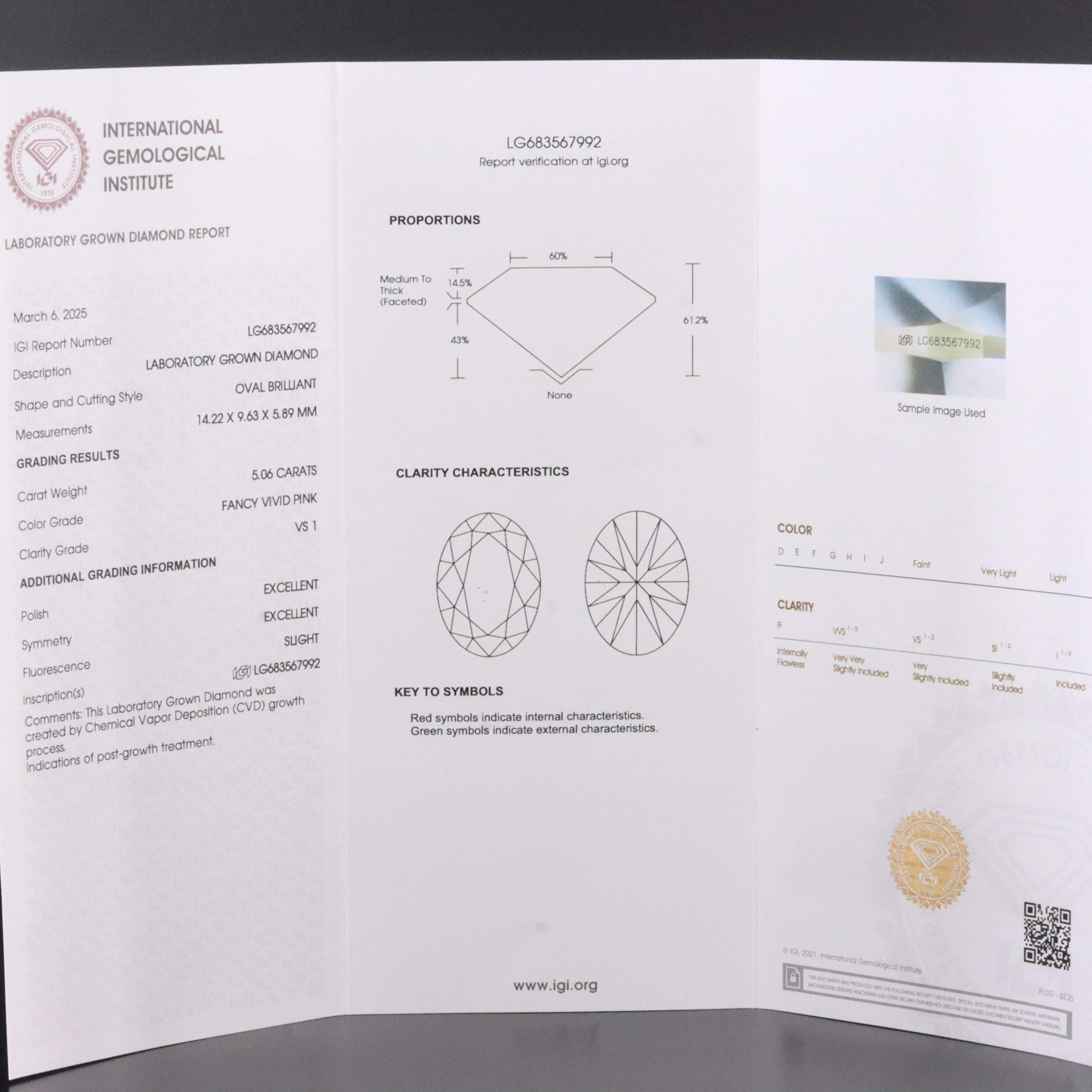 14K 5.31 CTW Lab Grown Diamond Ring with IGI Report and Fancy Pink Center