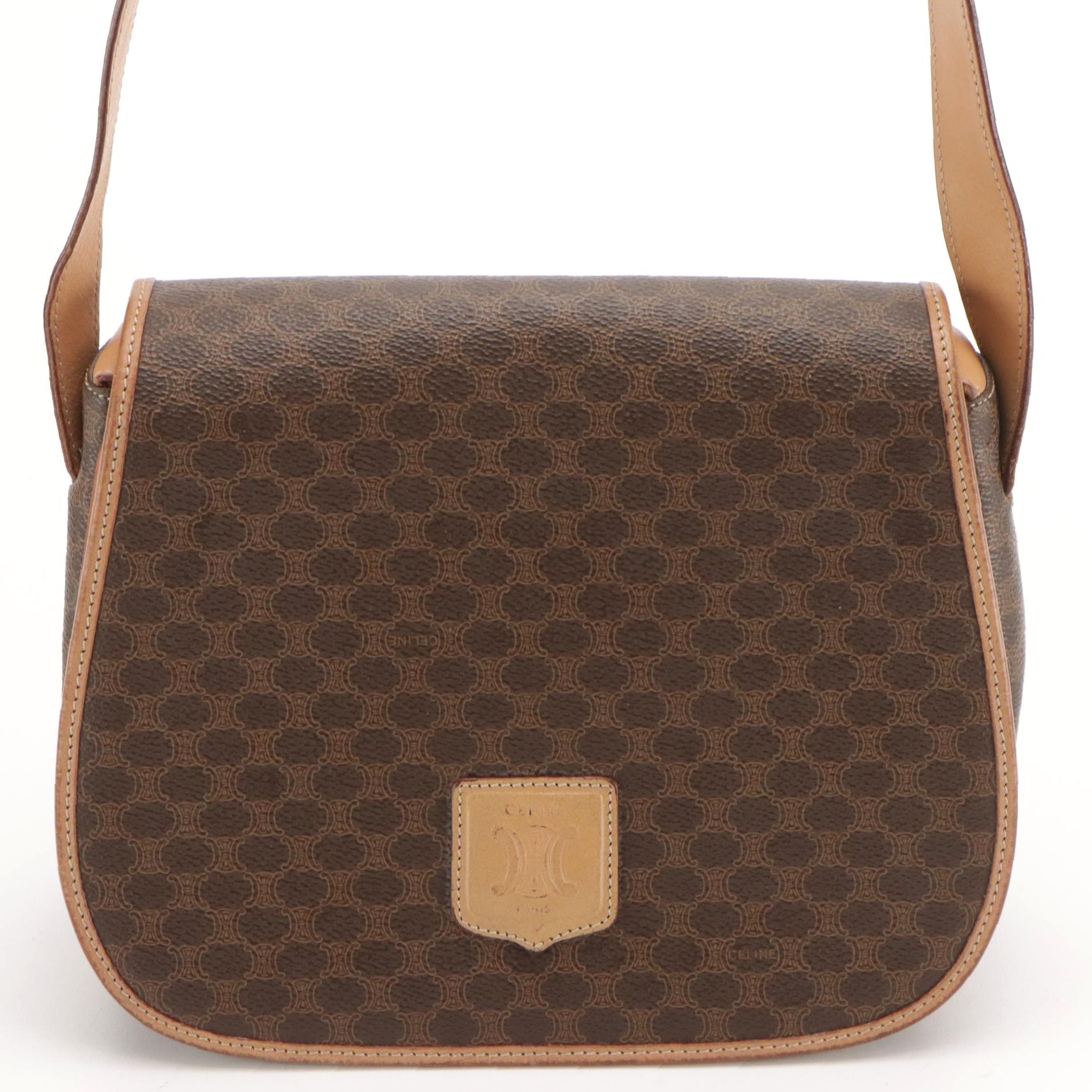 Celine Full Flap Crossbody Bag in Brown Macadam Canvas and Leather Trim