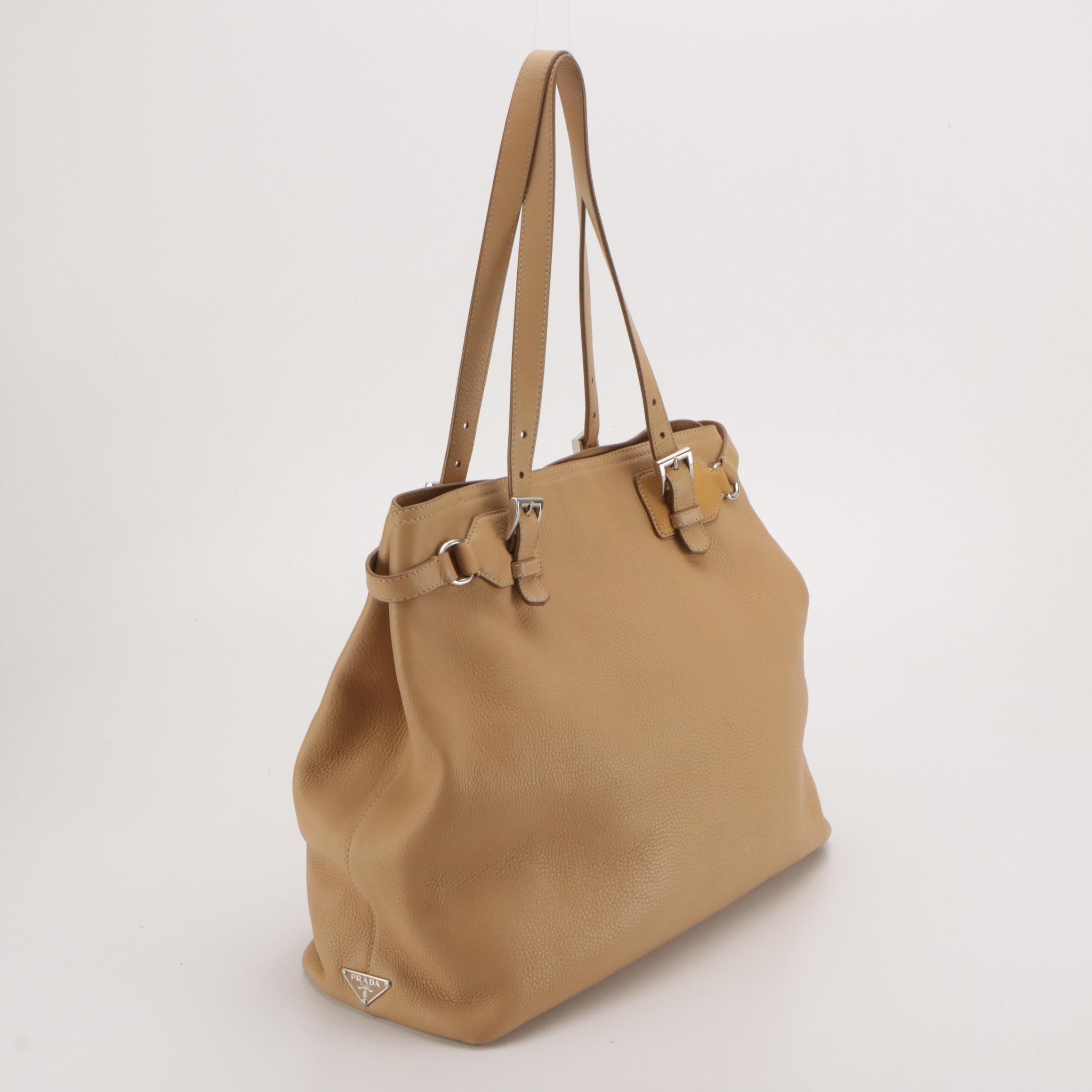 Prada Buckle Strap Tote Bag in Beige Pebble Grained Leather