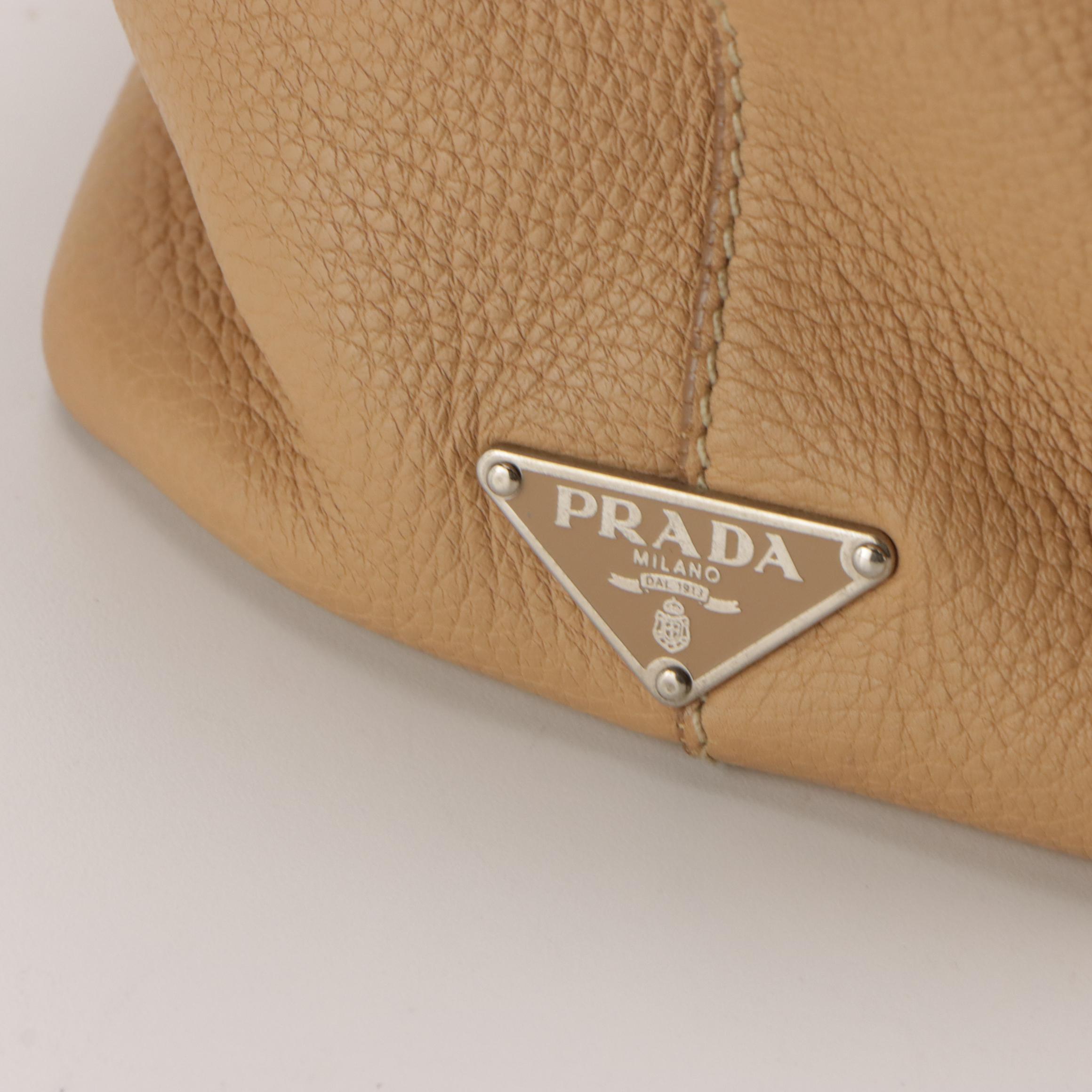 Prada Buckle Strap Tote Bag in Beige Pebble Grained Leather