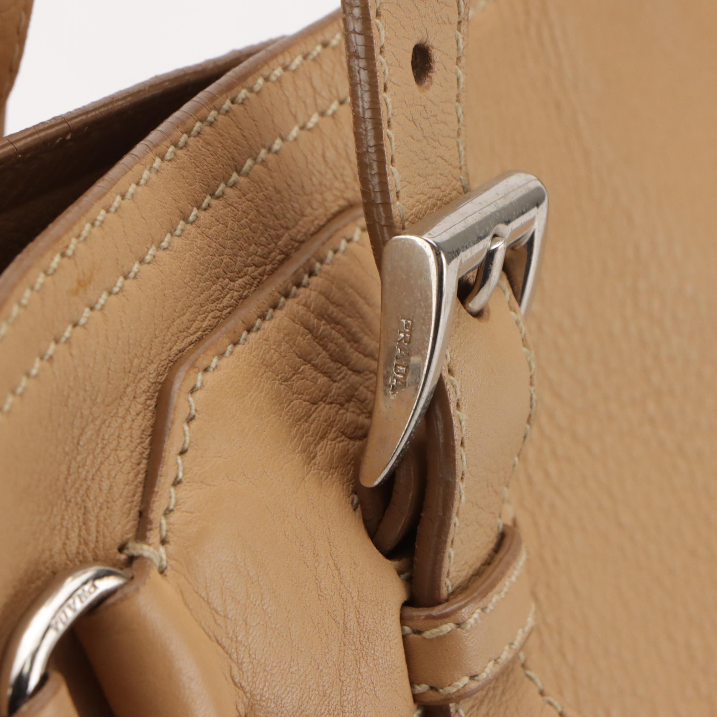 Prada Buckle Strap Tote Bag in Beige Pebble Grained Leather