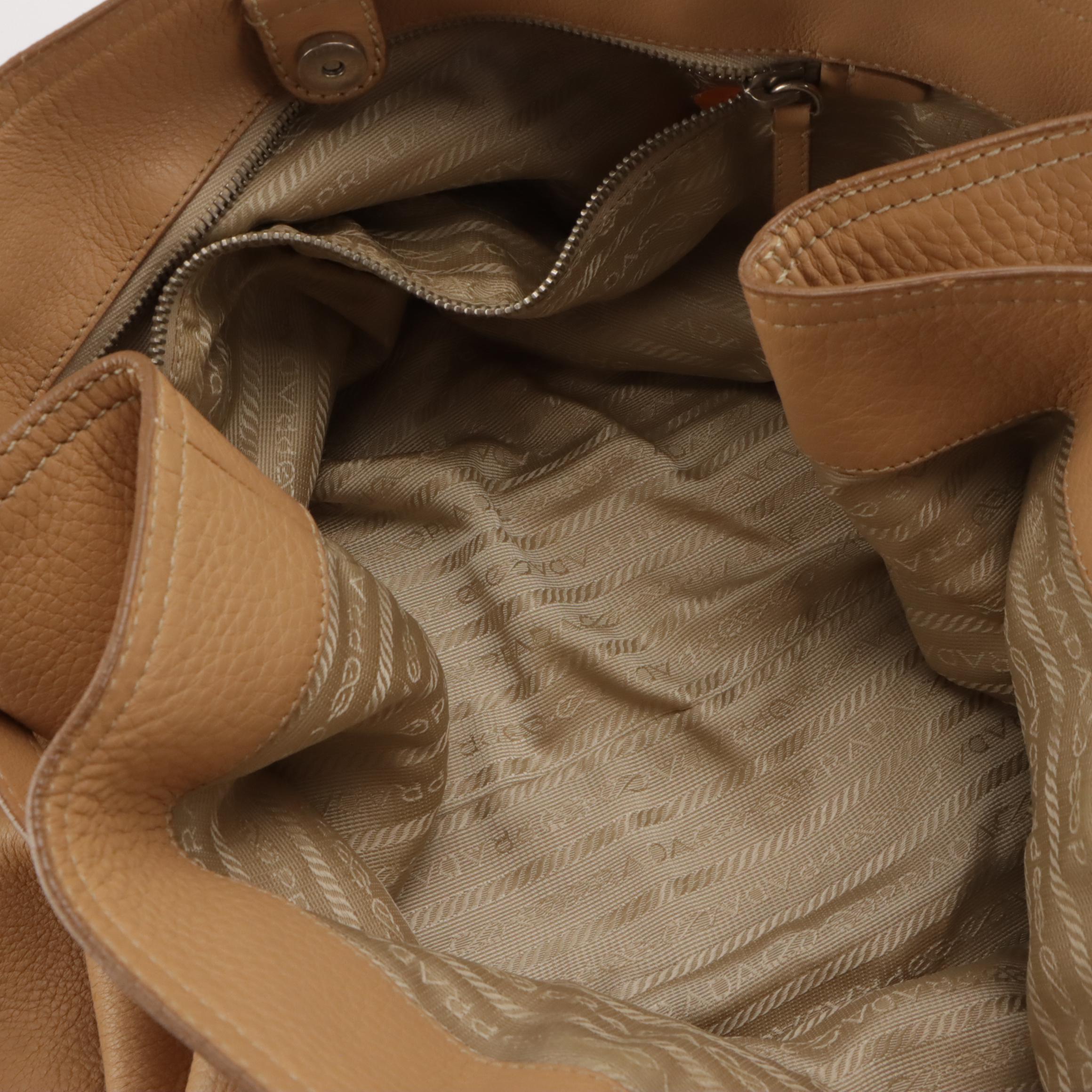 Prada Buckle Strap Tote Bag in Beige Pebble Grained Leather