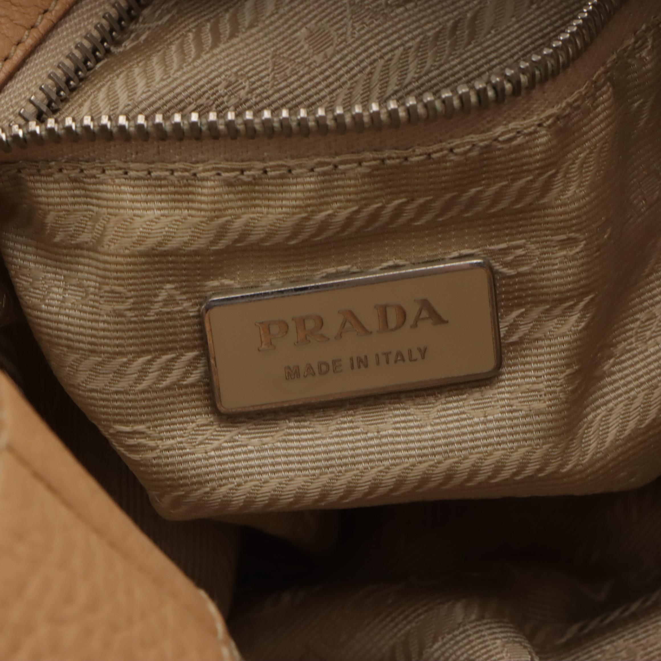 Prada Buckle Strap Tote Bag in Beige Pebble Grained Leather