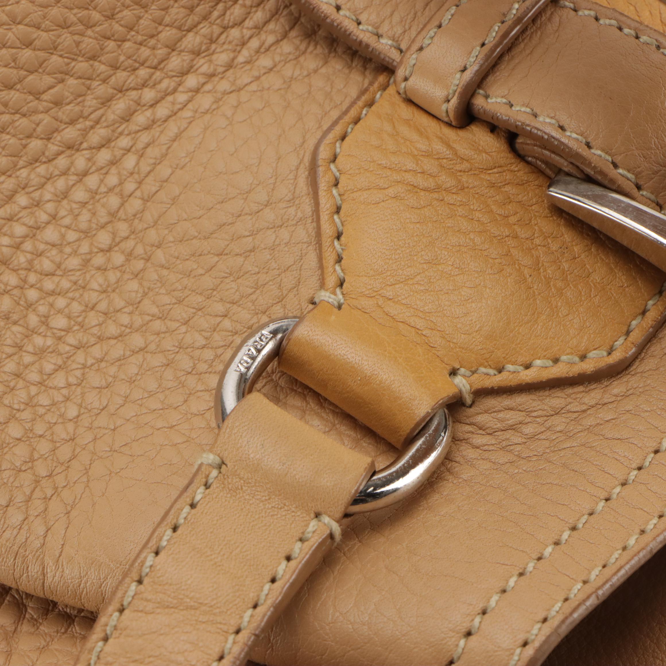Prada Buckle Strap Tote Bag in Beige Pebble Grained Leather