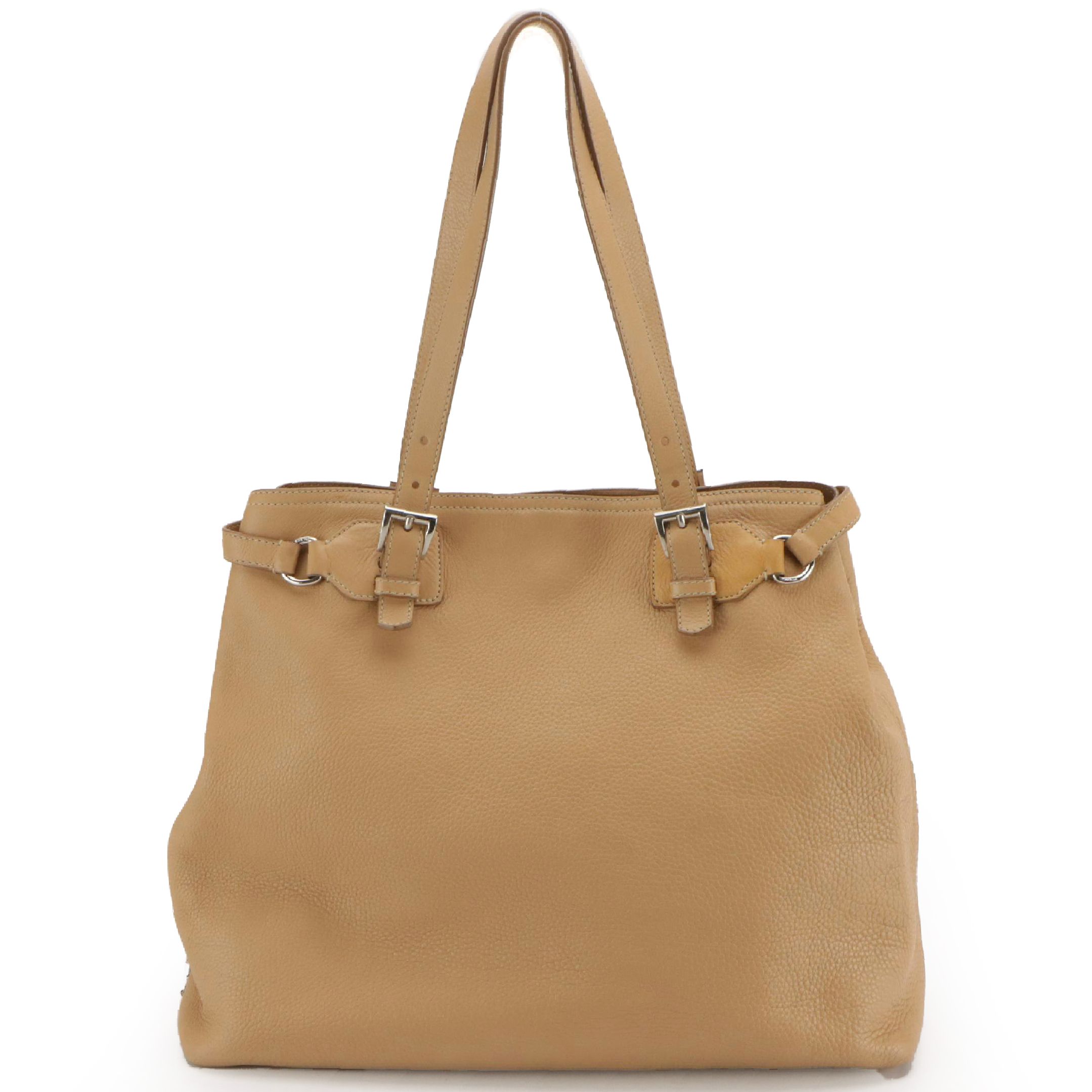 Prada Buckle Strap Tote Bag in Beige Pebble Grained Leather