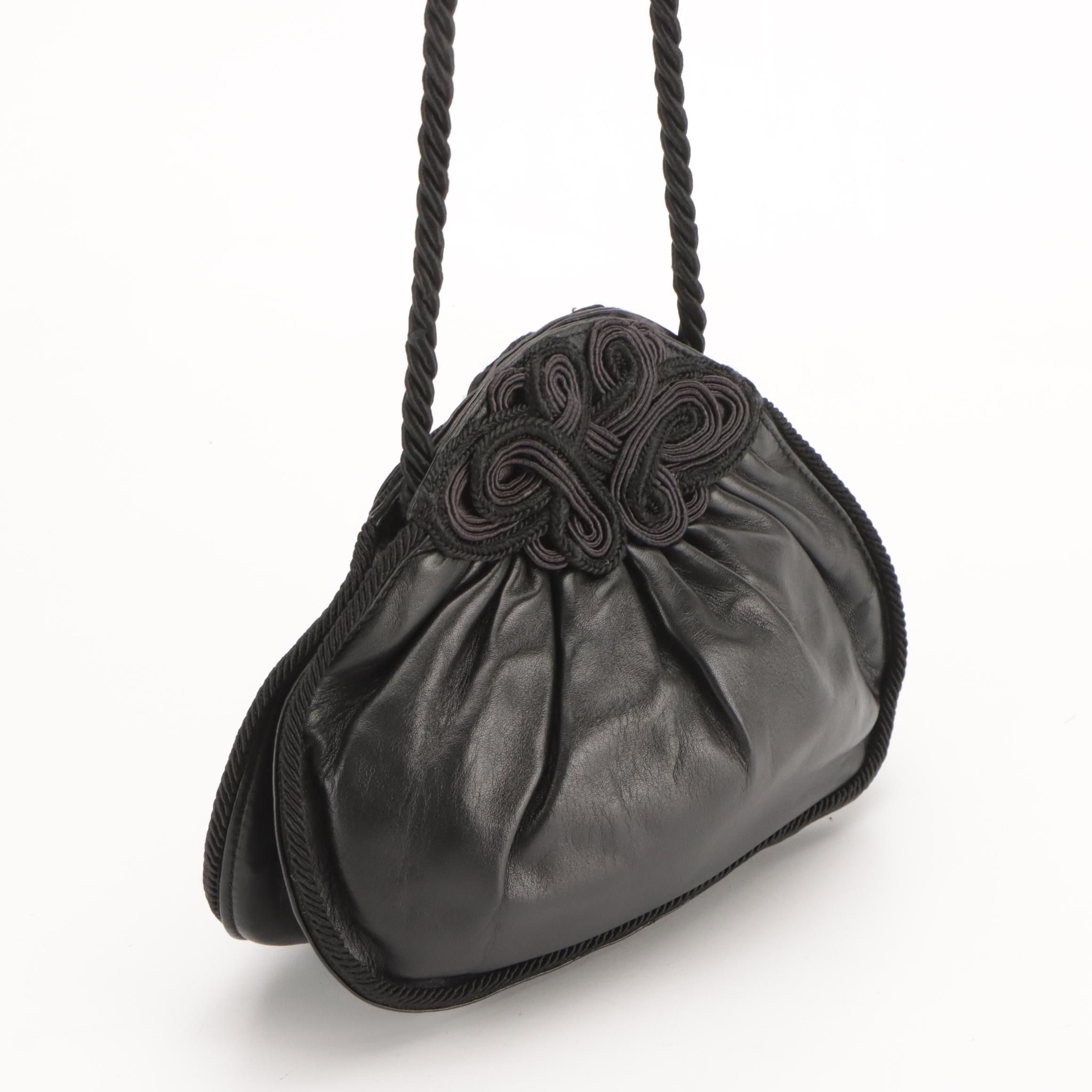 Loewe Braid Trim Pleated Evening Bag in Black Leather