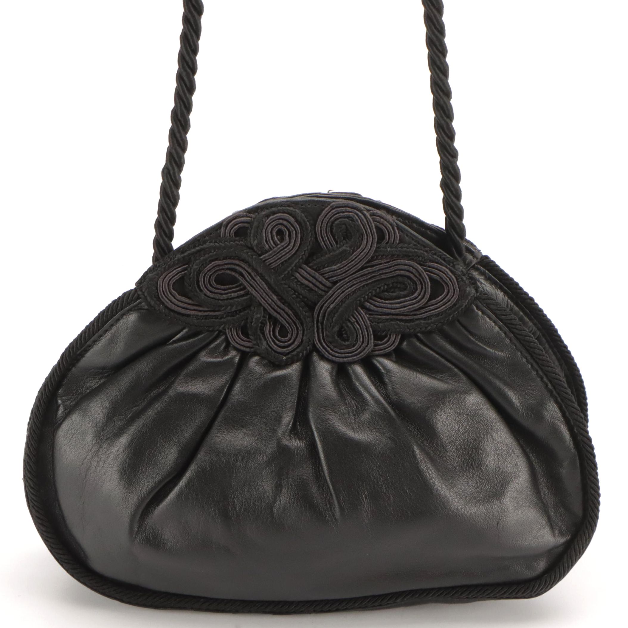Loewe Braid Trim Pleated Evening Bag in Black Leather
