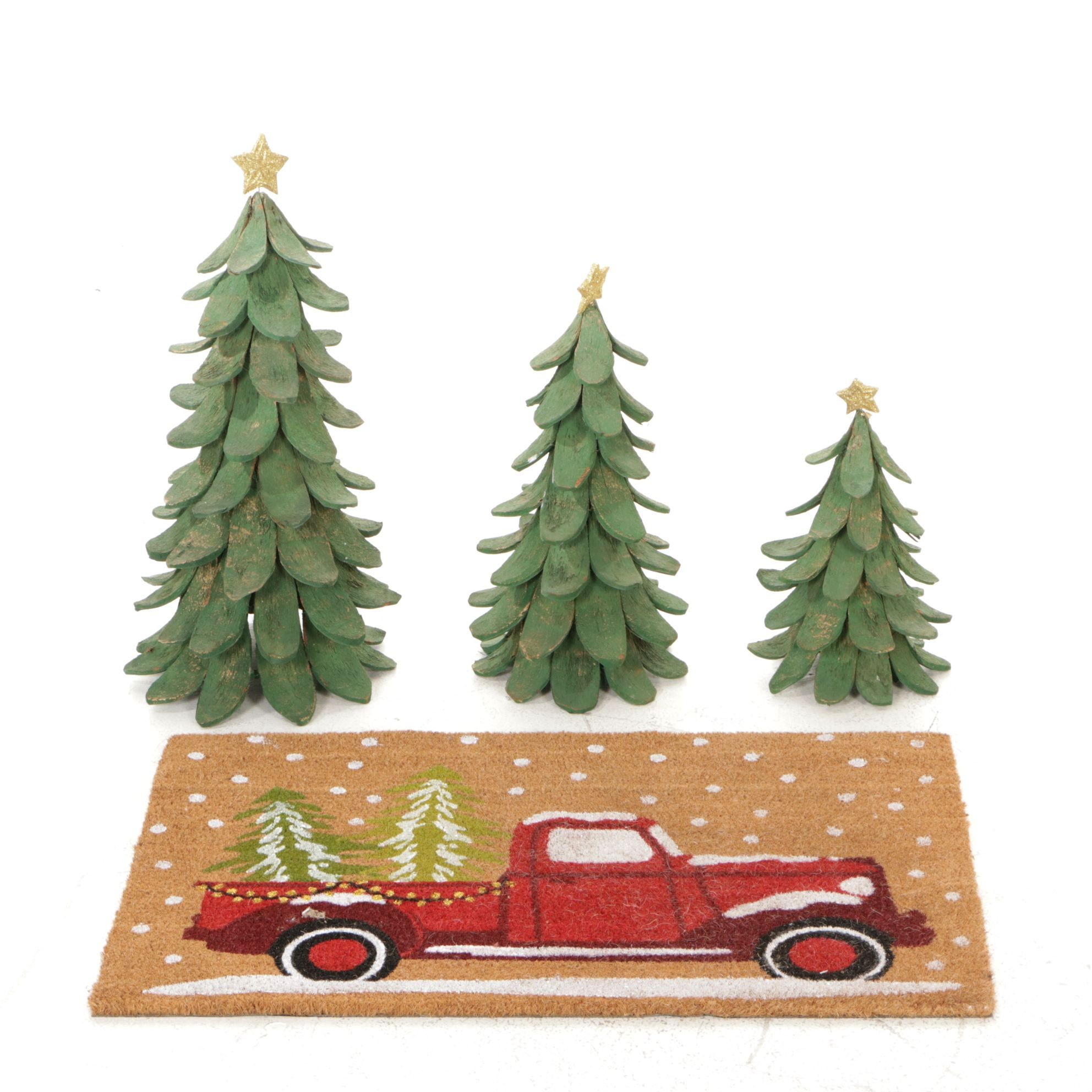 Coconut Shell Christmas Trees with Gold Paint and Coir Doormat