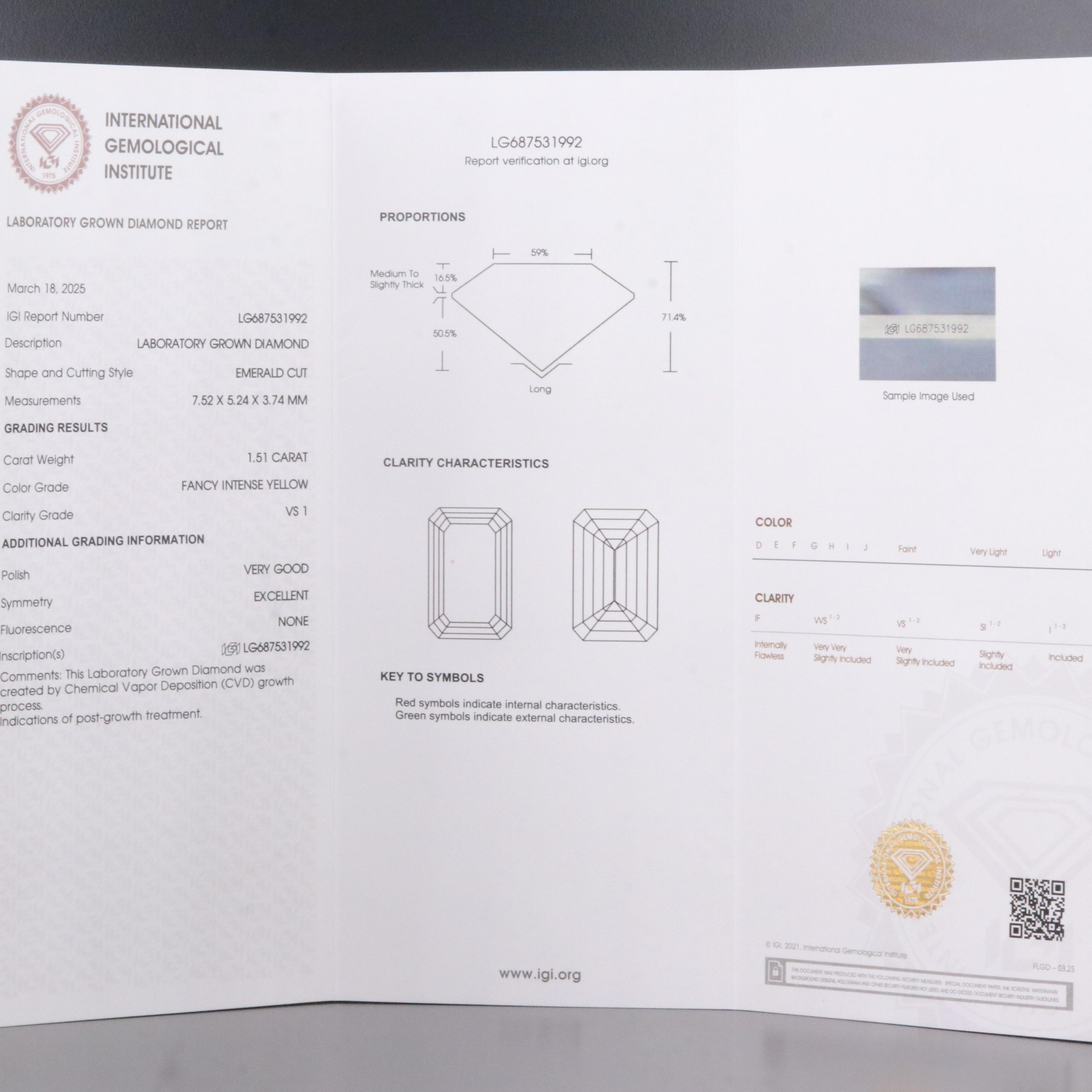 Loose 1.51 CT Fancy Yellow Lab Grown Diamond with IGI Report