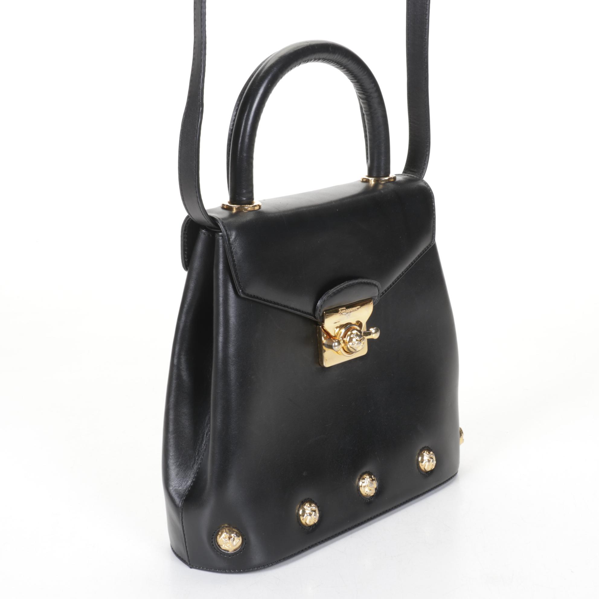Salvatore Ferragamo Two-Way Black Leather Handbag with Heel Studs