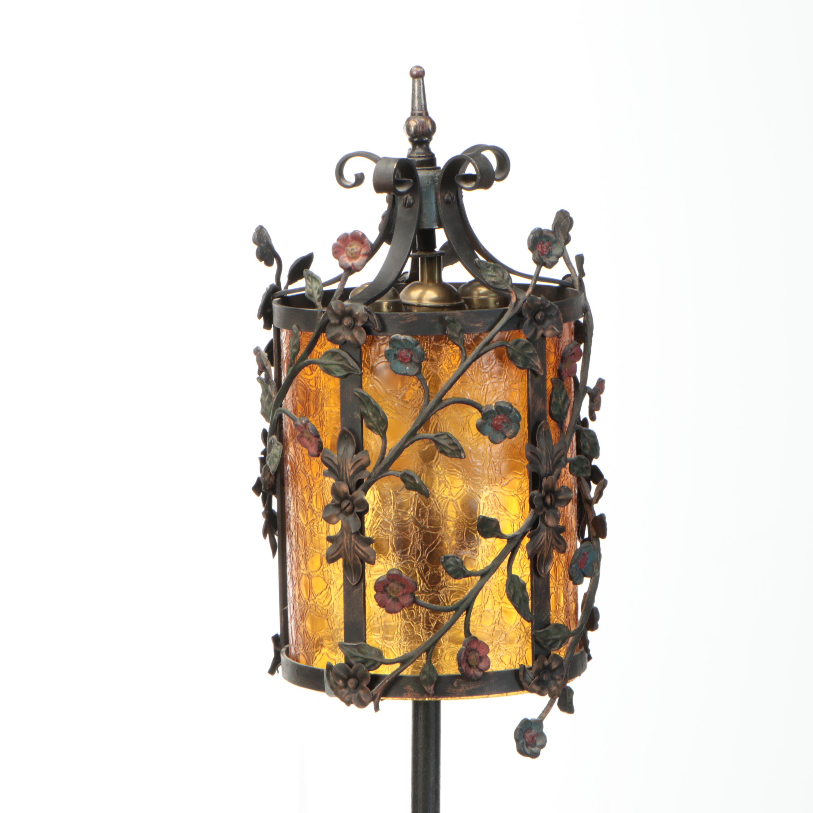 Polychrome Metal and Amber Glass Floor Lamp with Standing Ashtray