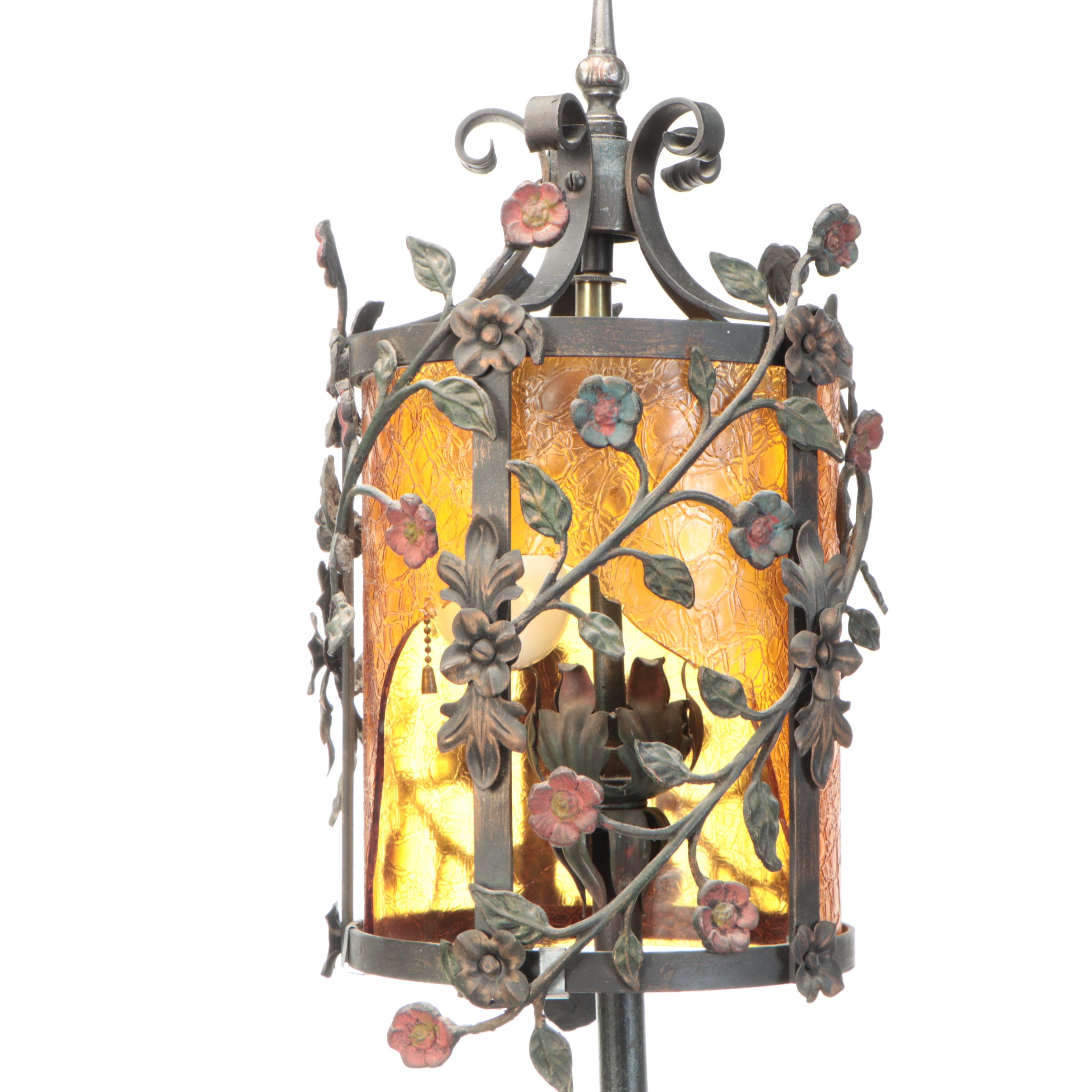 Polychrome Metal and Amber Glass Floor Lamp with Standing Ashtray
