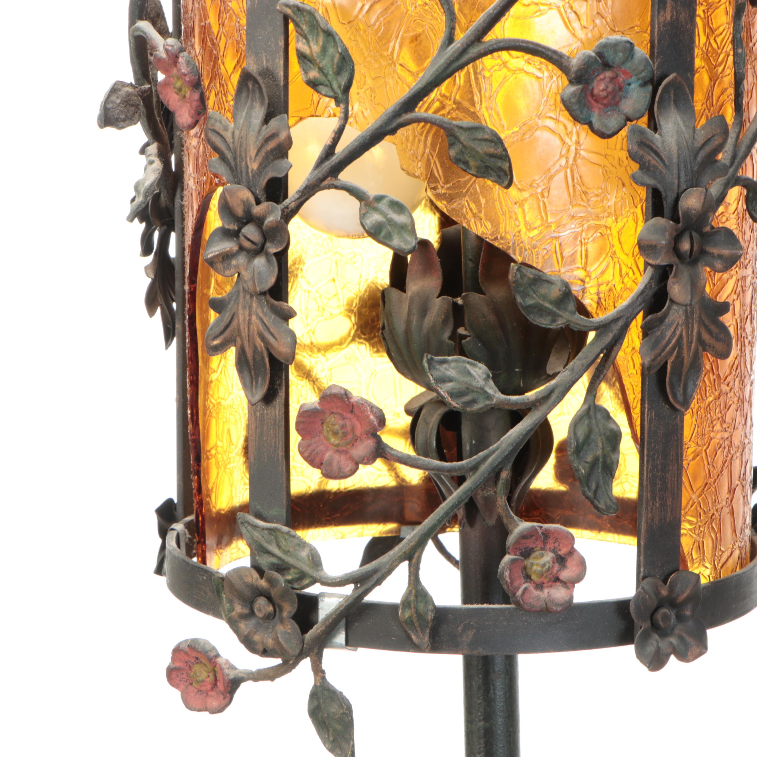Polychrome Metal and Amber Glass Floor Lamp with Standing Ashtray