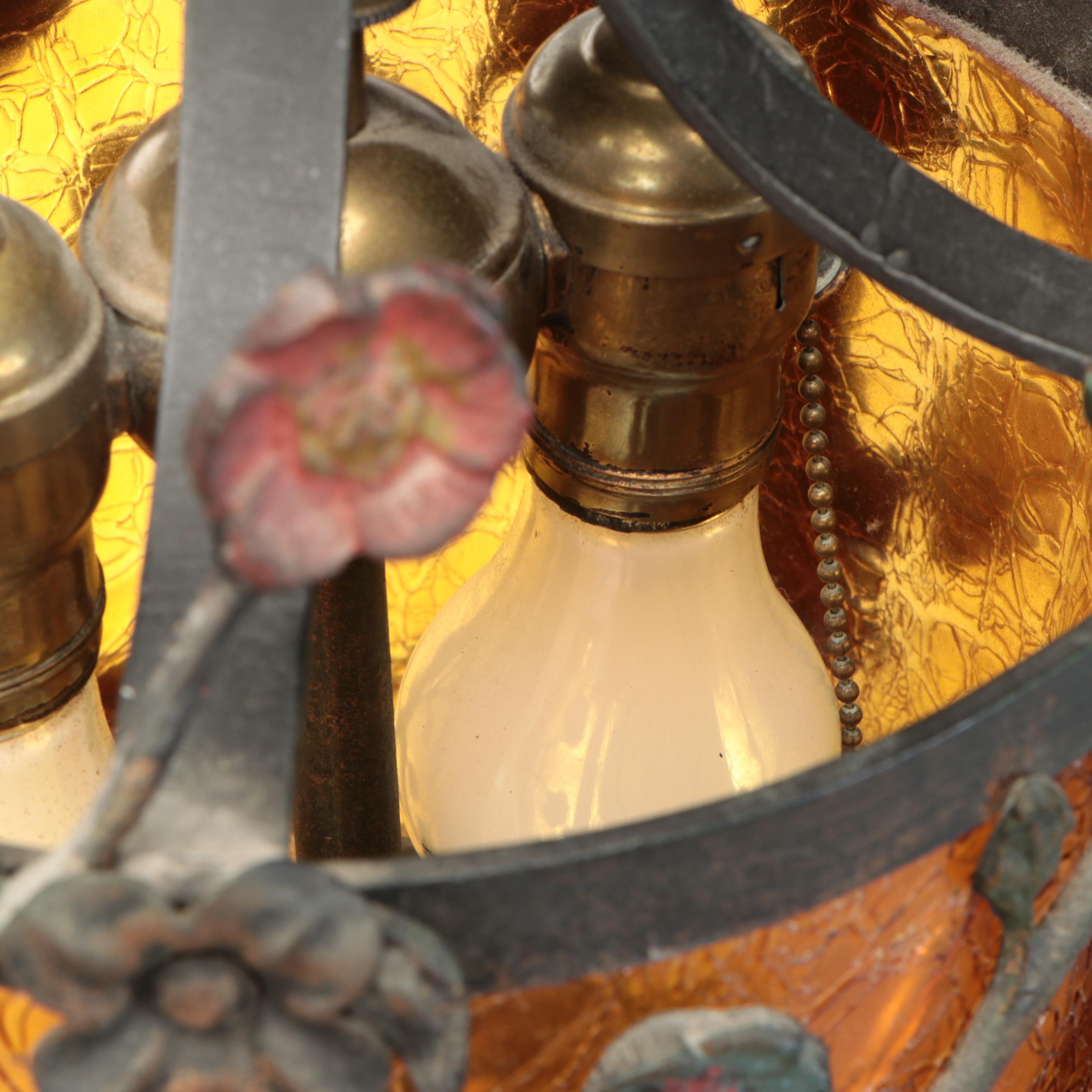 Polychrome Metal and Amber Glass Floor Lamp with Standing Ashtray